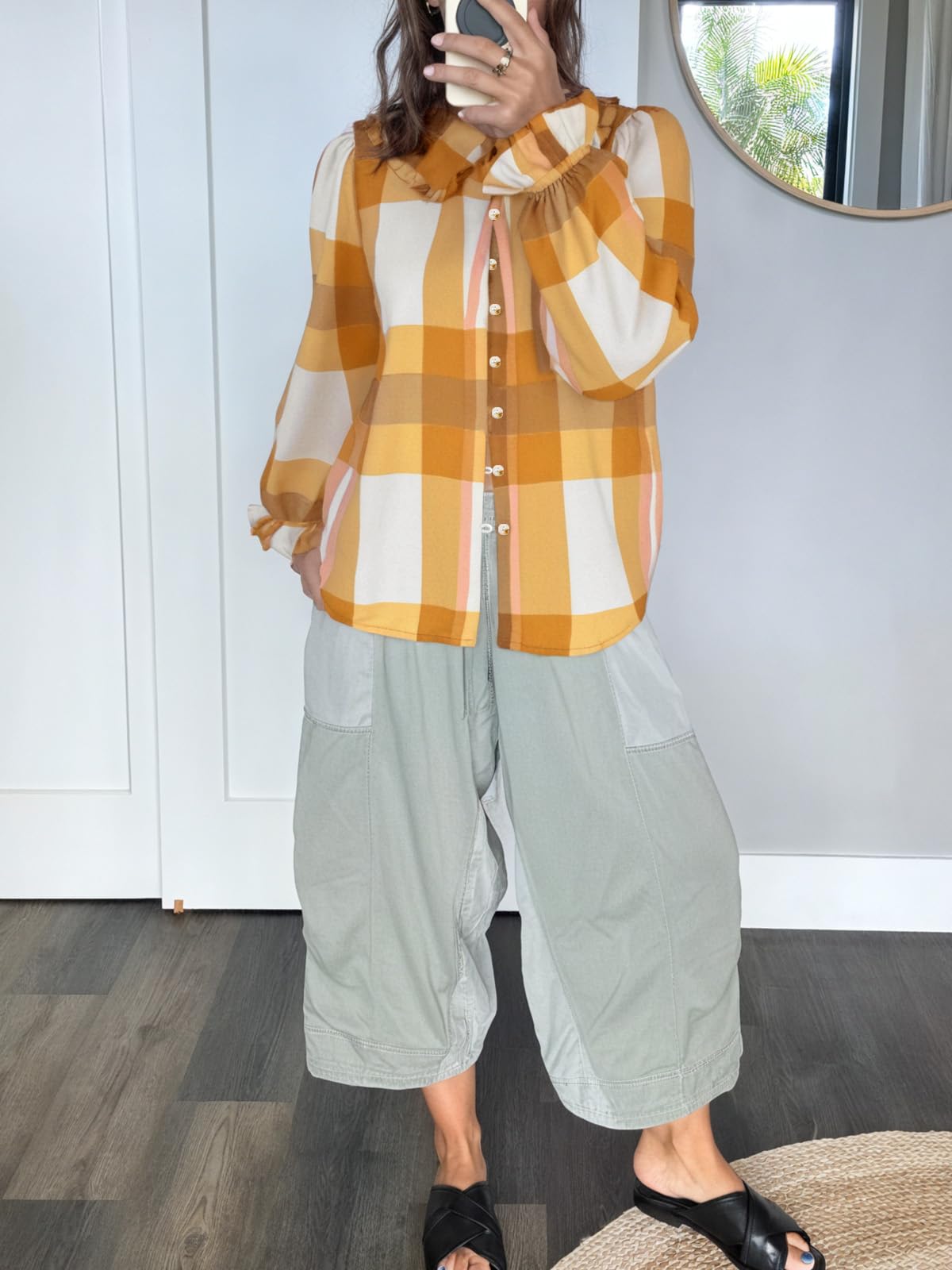 Tankaneo Camicetta da donna a maniche lunghe con colletto alla Peter Pan, a quadri, elegante, casual, autunnale