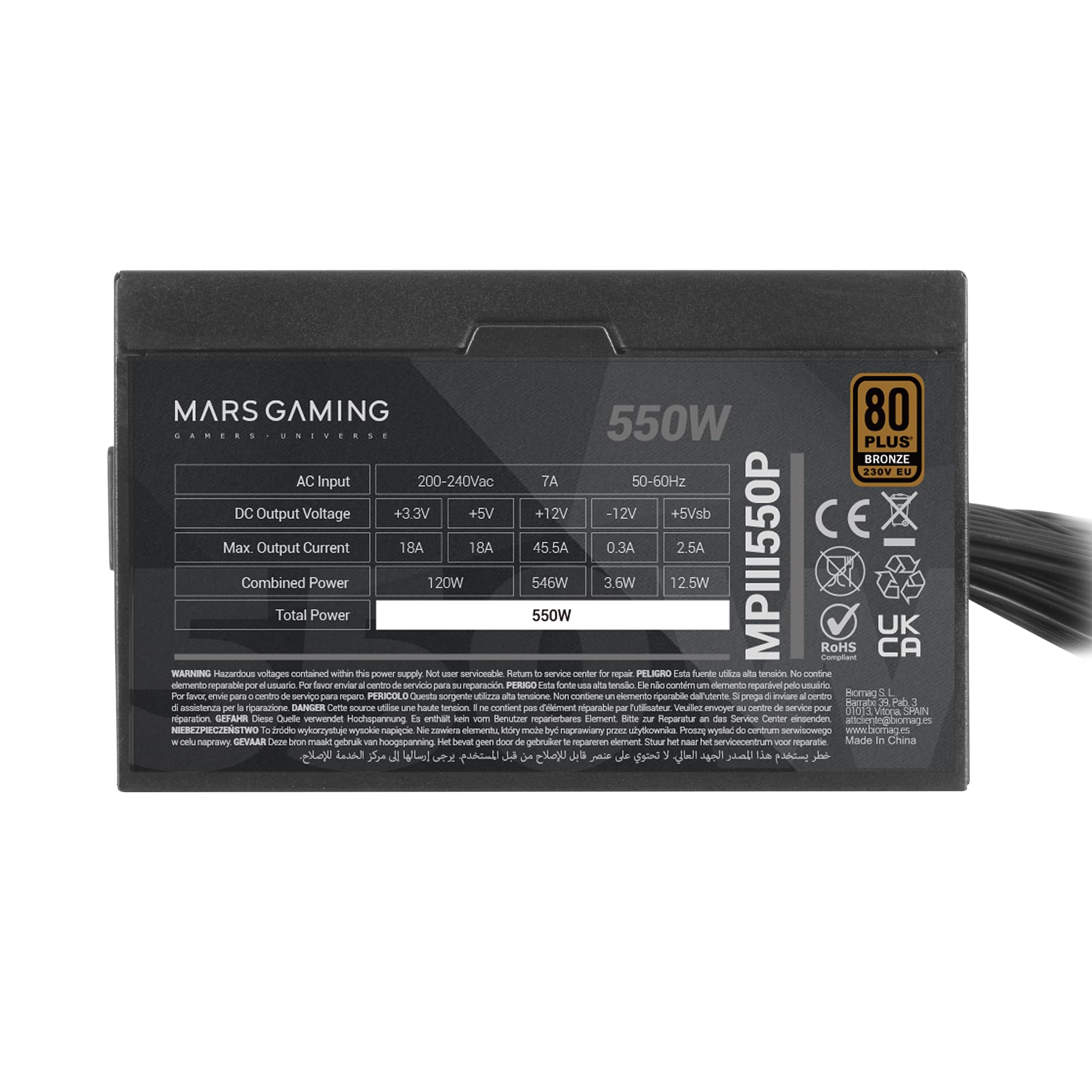 Mars Gaming MPIII550P Alimentation ATX 550W, 80 Plus Bronze, Noire | Garantie 5 Ans, Certification 80Plus Bronze, Efficacité 86 %, APFC, Ventilateur FDB 120mm AI-RPM, DC-DC et SMD