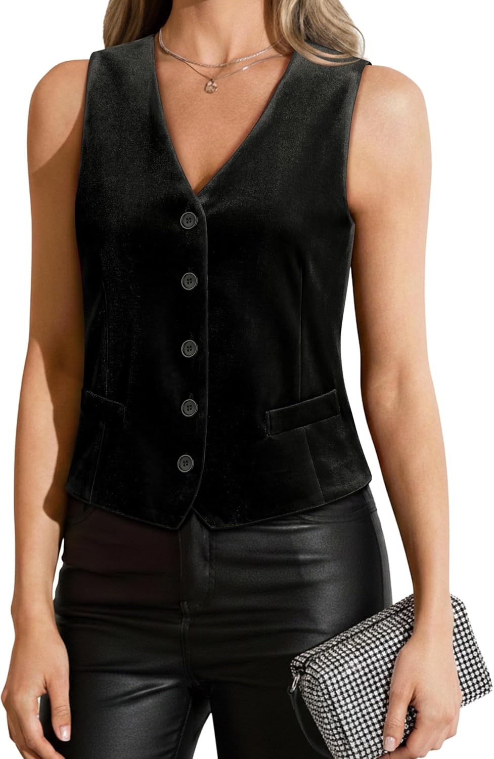 Gaharu Women's Velvet Blazers Vest Christmas Sleeveless Suit Vests Dressy Button Down V-Neck Waistcoat Fall Winter 2025