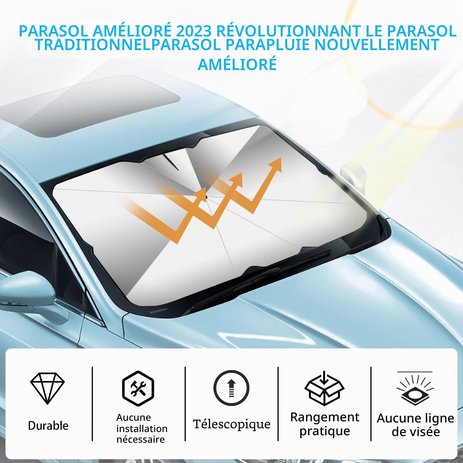 Pare-Soleil Voiture Pare-Brise Avant, 140x80 cm Grande Taille,Protection UV & Anti-Chaleur Pliable Anneau de Traction à Corde noireavec Découpe pour Rétroviseur– Idéal pour SUV et pour Voiture