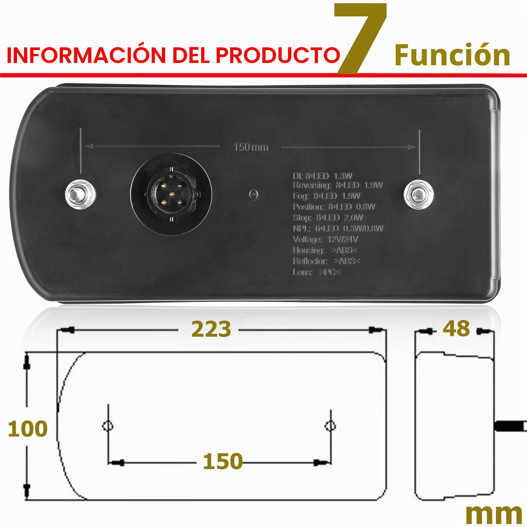 LED Pilotos Traseros Remolque 12V 24V 7Funciones Luces Remolque Traseras Piloto con 30cm Conexión de Bayoneta de 6pin Homologados Impermeable