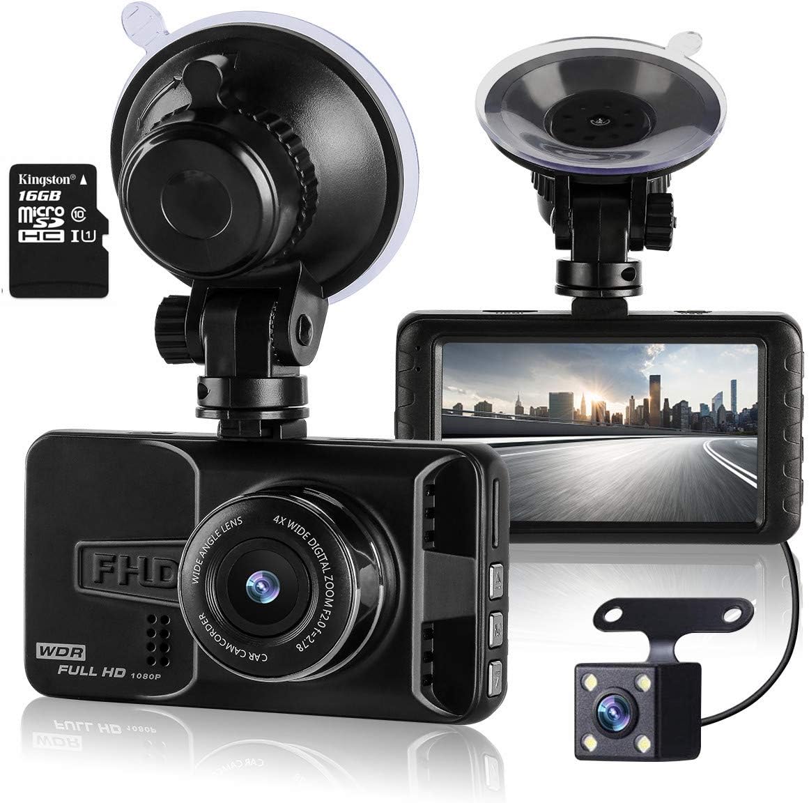 ULU Car Dash Cam Full HD 1080P 170°Wide Angle Front and Rear Dual Lens Digital Dashboard Camera Car DVR with 16GB SD Card 3 inch LCD G-Sensor Parking Monitor WDR Loop Recording Night Vision