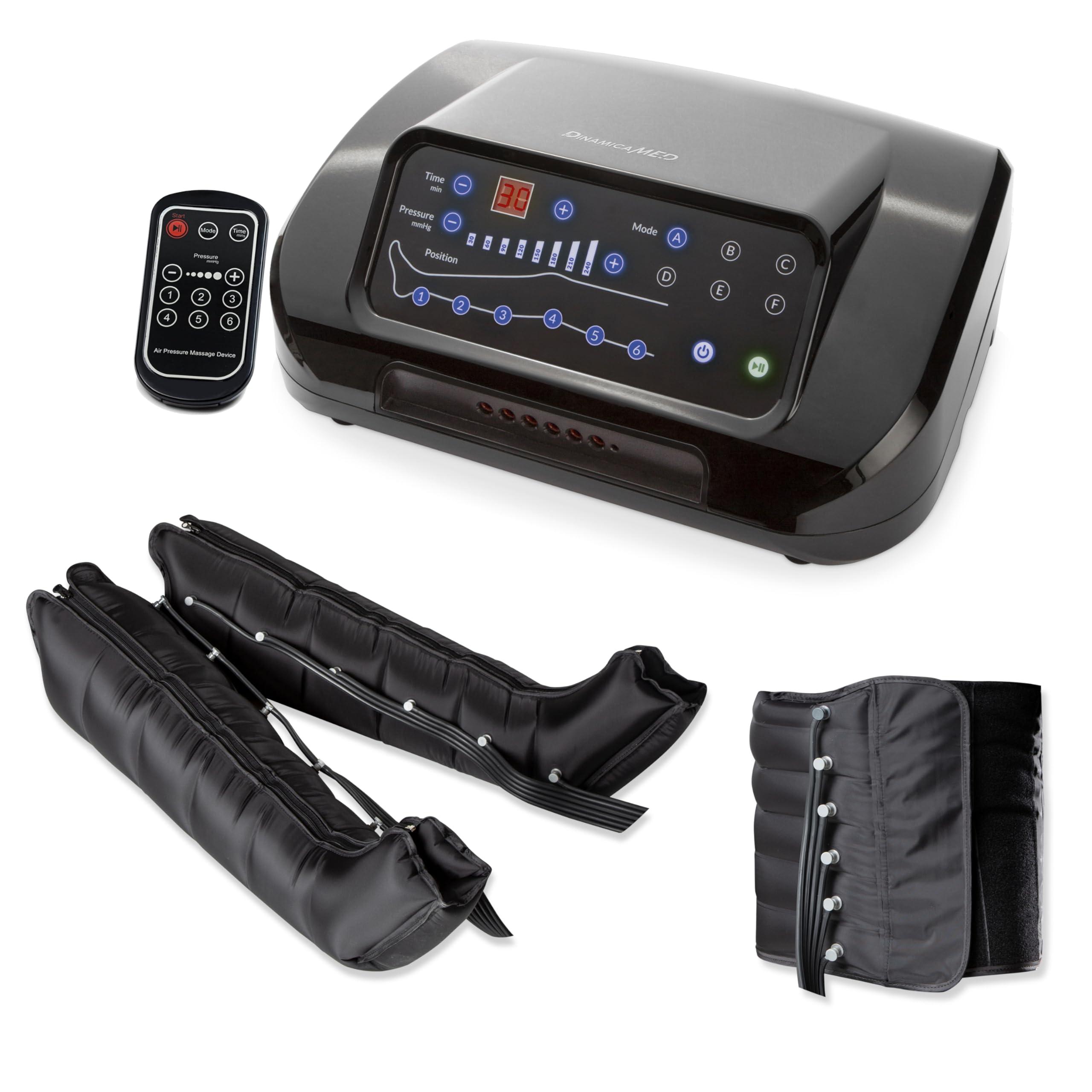 Dinamicamed ® PRO 6.0 Pressoterapia Linfodrenaggio Professionale Digitale Classic, Pressoterapia per Casa con 6 Programmi di Lavoro, Massaggio Linfodrenante a 6 Camere con Gambali XL e Fascia Addome