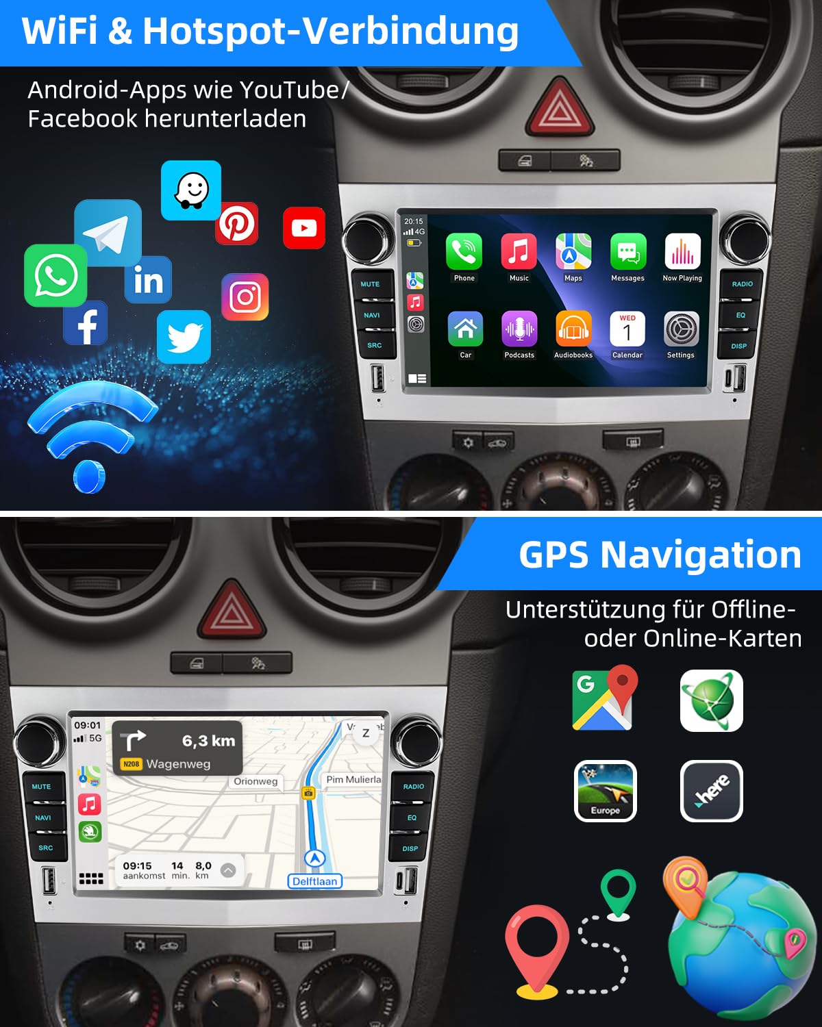ESSGOO 4+64G Wireless Autoradio Android 14 mit Carplay und Android Auto Für Opel Corsa C/D Zafira B Astra G H 7 Zoll IPS Touchscreen Bluetooth FM RDS GPS Silber