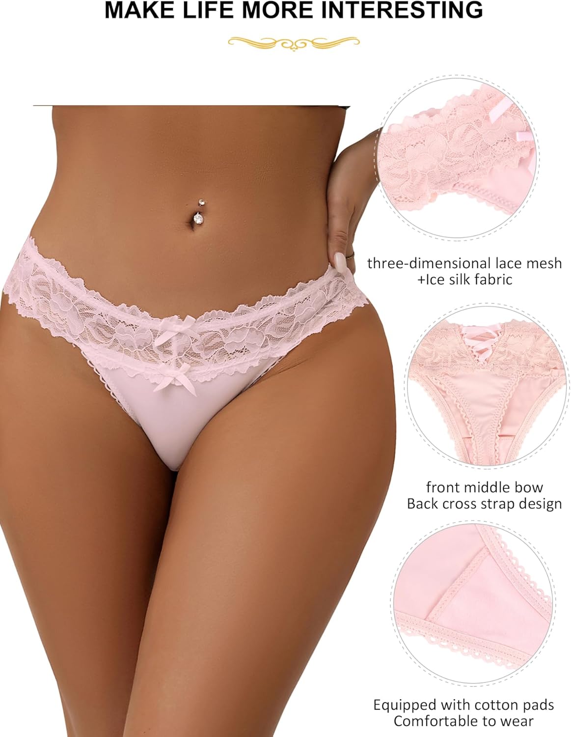 Lace Bow Panties Low Waist Floral Ribbon Brief Sexy Underwear for Women Soft Ice Silk Thong - Image 6