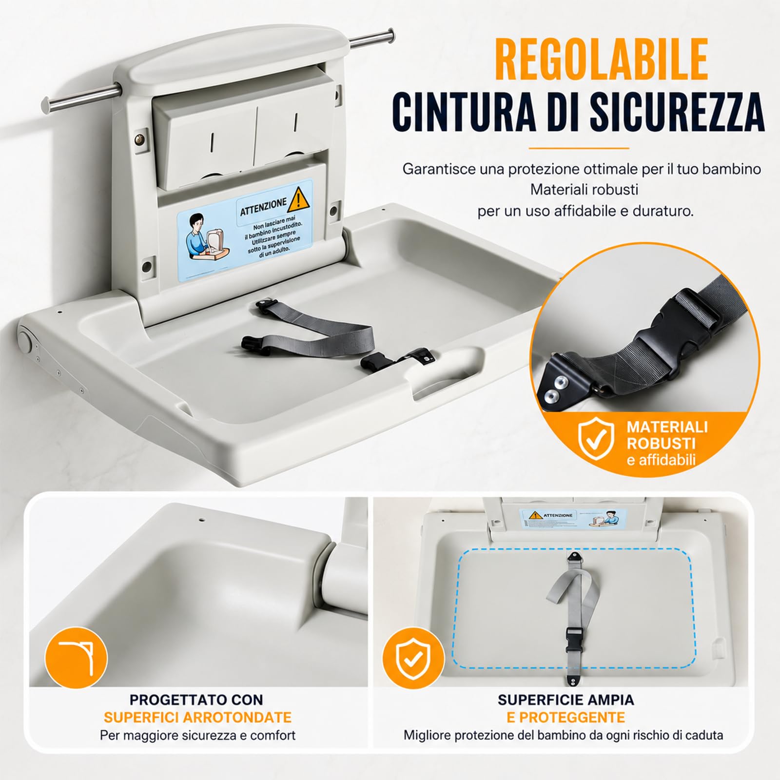 Fasciatoio commerciale da parete, tavolo pieghevole per il cambio del pannolino per bagno pubblico con cinghia di sicurezza regolabile, doppi ganci laterali e scatole pieghevoli