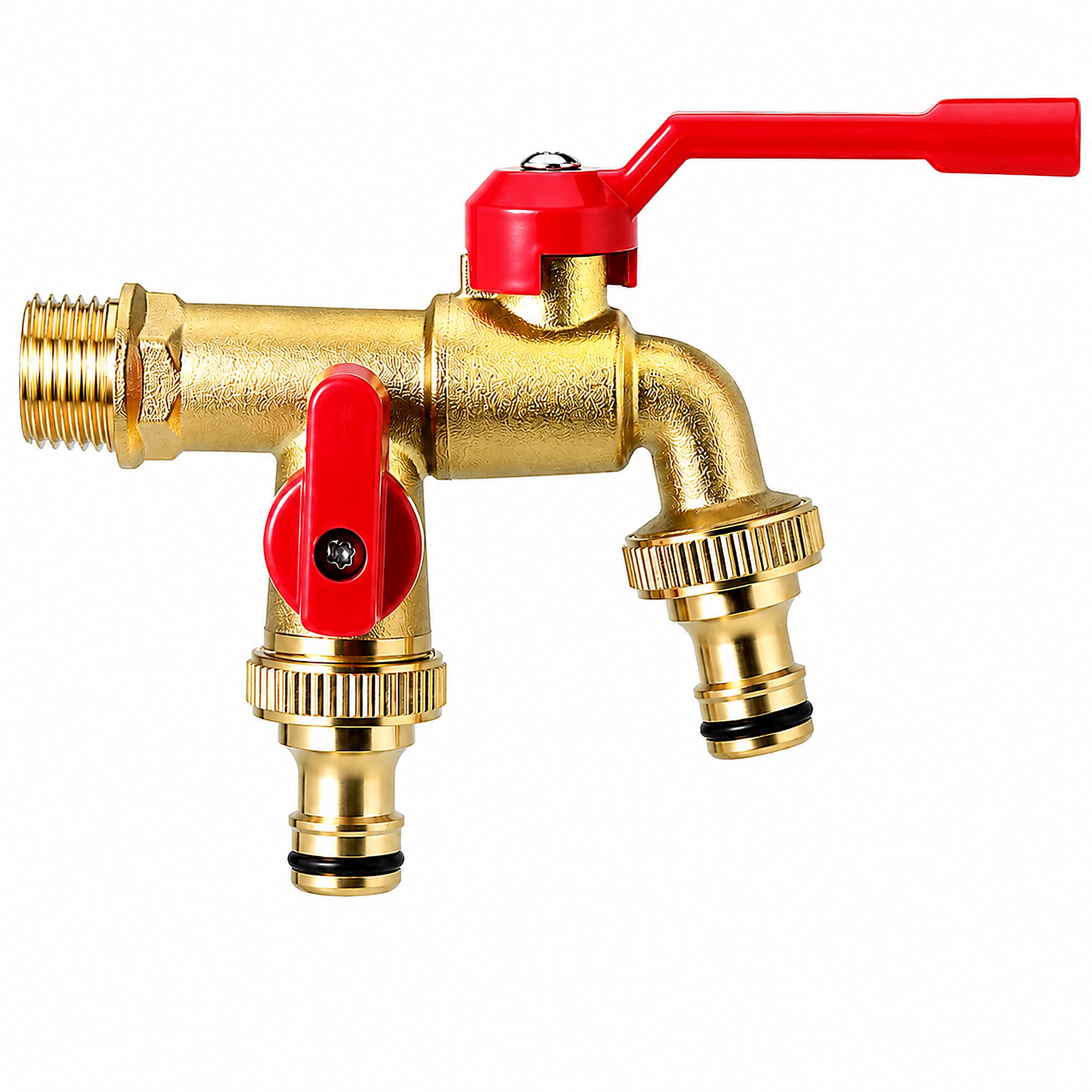 Double robinet extérieur résistant au gel 1/2" - Robinet de jardin en laiton avec 2 sorties de 3/4" - Double vanne de sortie pour tuyau d'arrosage, réservoir de pluie et machine à laver