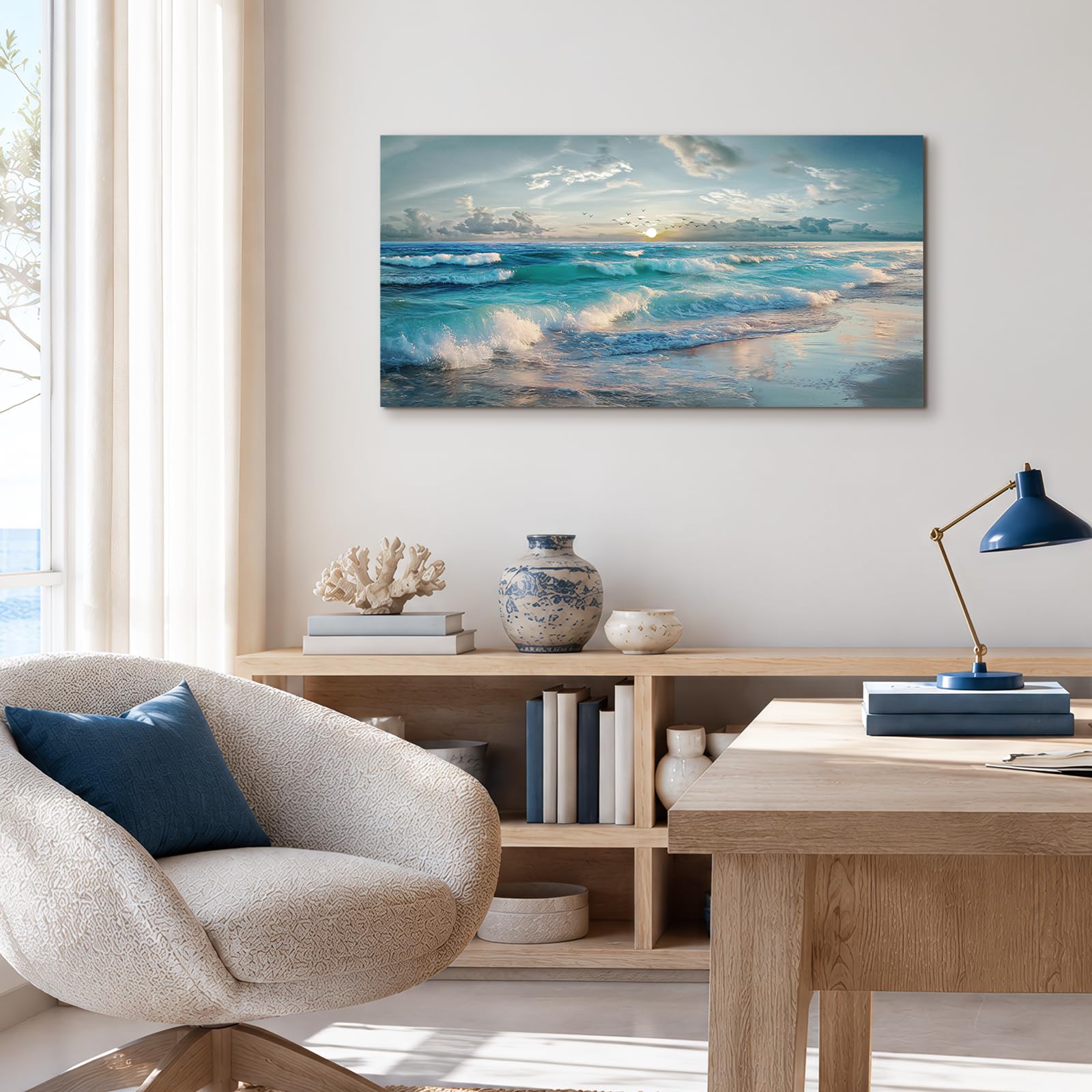 JHHUAMO Leinwand Bilder Meer Sonne Schlafzimmer Wohnzimmer 50x100 cm | Küstenszene Wandbild, Hochauflösender Druck, Exquisite Handwerkskunst, Einfaches Aufhängen, Vielseitig Einsetzbar