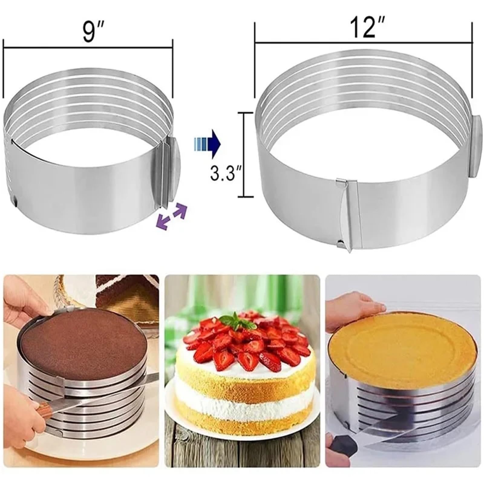 Tortenring 6-12 Zoll Einstellbare Edelstahl Kuchen Slicer Form Backformen Cutter Kuchen Ring Backen Kuchen Werkzeuge Brot Slicer Layered BakingTool Zum Backen(L)