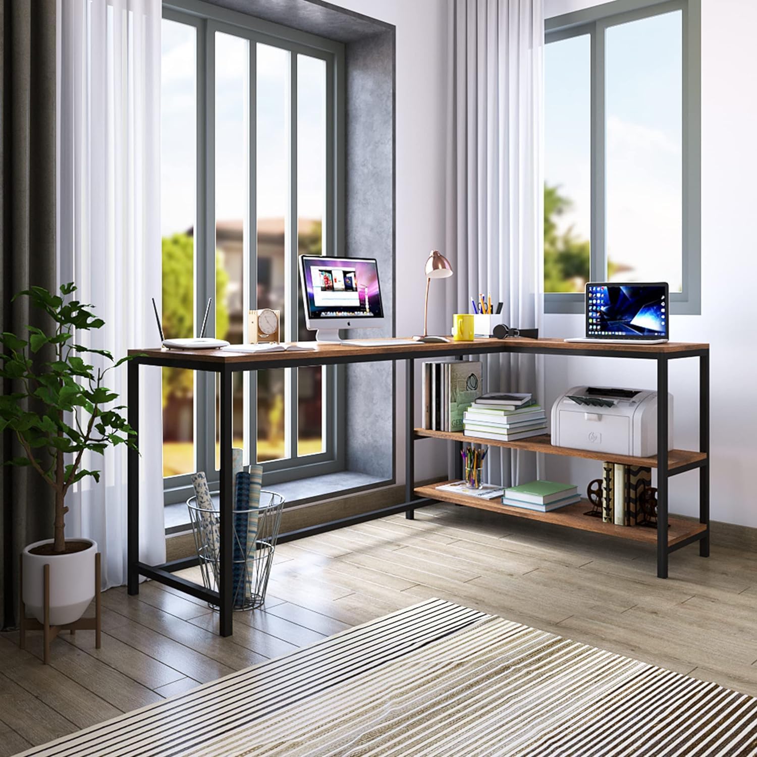 Klaxon L Shaped Study Table for Students and Adults/Computer Table for Home-Office/Gaming Table/Computer Desk for Corner - Wood & Metal (Classic-Forest Dark & Black, DIY Installation)