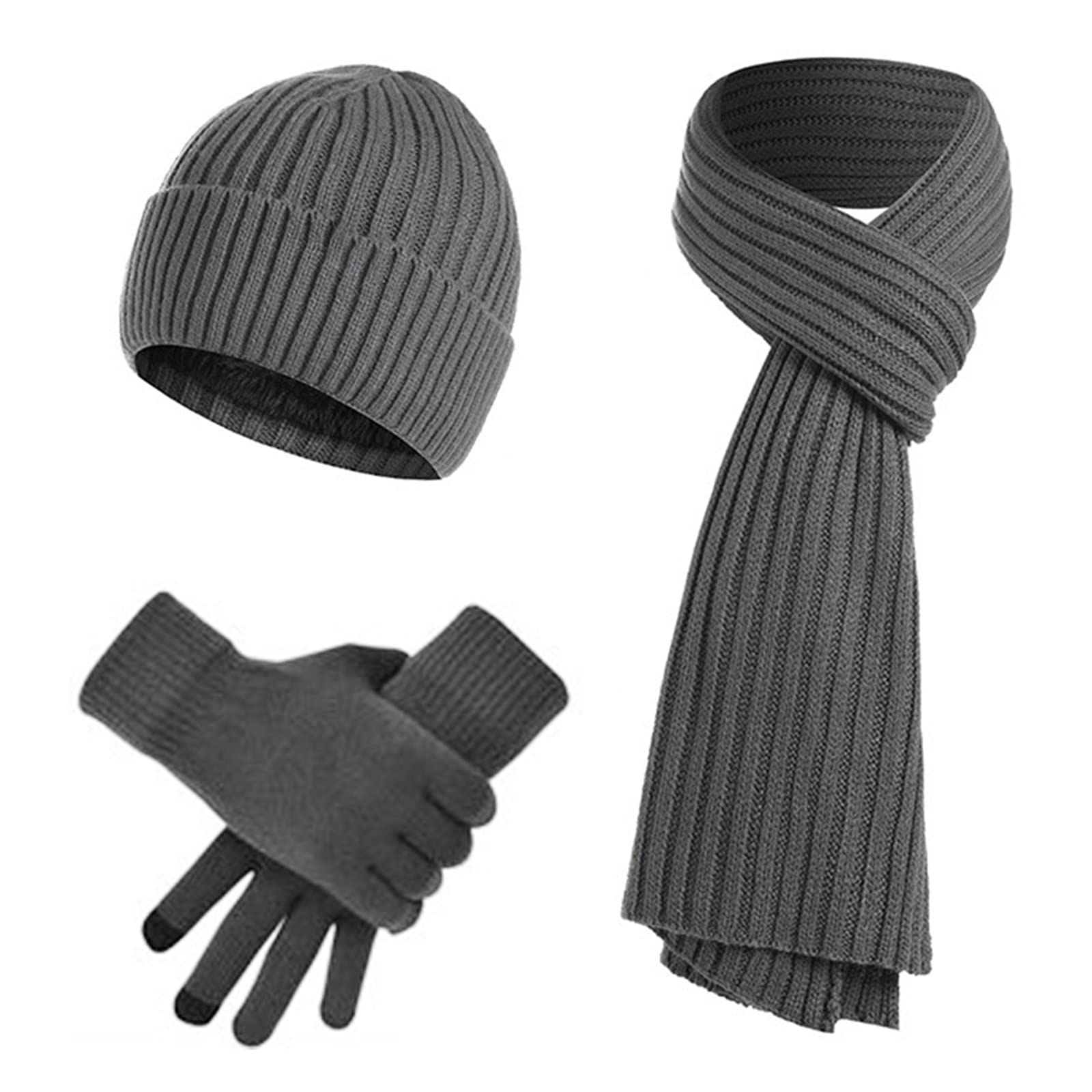 JIMACRO Winter 3 Set, Beanie Hat Warm Knit Winter Scarf Thermal Touchscreen Gloves Set for Men and Women, Hat Scarf Gloves Set with Thick Fleece Lining for Ski