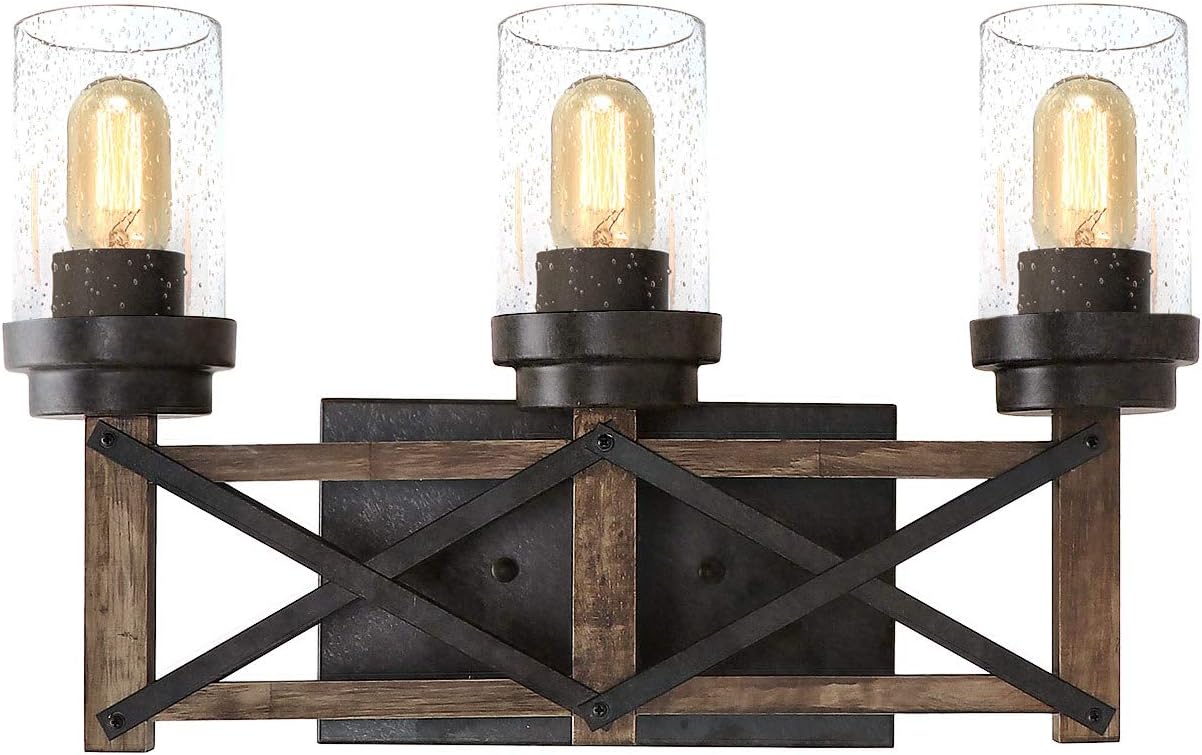 Limited Stock Eumyviv Industrial 3 Lights Bathroom Vanity Light with Seeded Shades, 18.9L Distressed Wood Farmhouse Rustic Wall Sconces Vintage Edison Wall Lamp Light Fixture, Black and Brown(W0070)