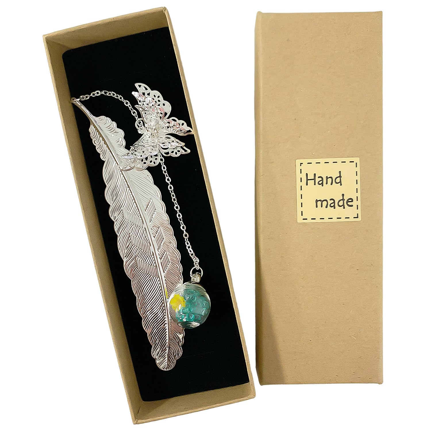 1pc Feather Bookmark, 1pc Gift Box, Butterfly, Glass Bead Dried Flower Charm, Reading Accessories, Beautiful Metal Bookmark