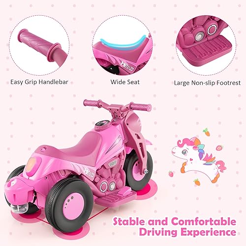 Miniatura 4 de HONEY JOY Motocicleta rosa de 6 V para niños pequeños con fabricante de burbujas, luz LED, música, pedal de pie, adelanteatrás, motocicleta