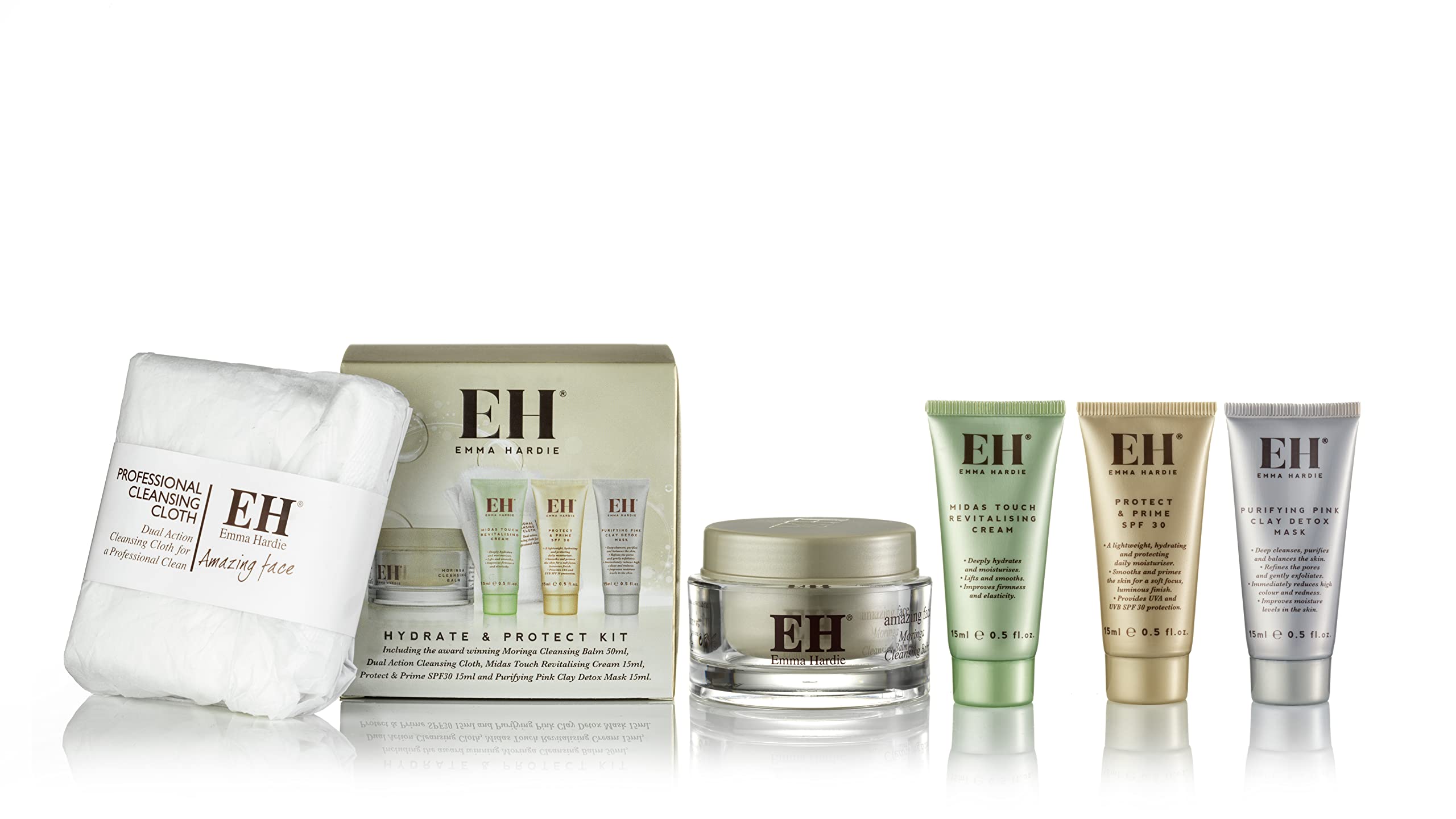 Emma Hardie Hydrate & Protect Kit, Gift Sets Includes: 50ml Moringa Cleansing Balm, 15ml Midas Touch Revitalising Cream, 15ml Protect & Prime SPF30 Cream, 15ml Pink Clay Detox Mask & a Cleansing Cloth