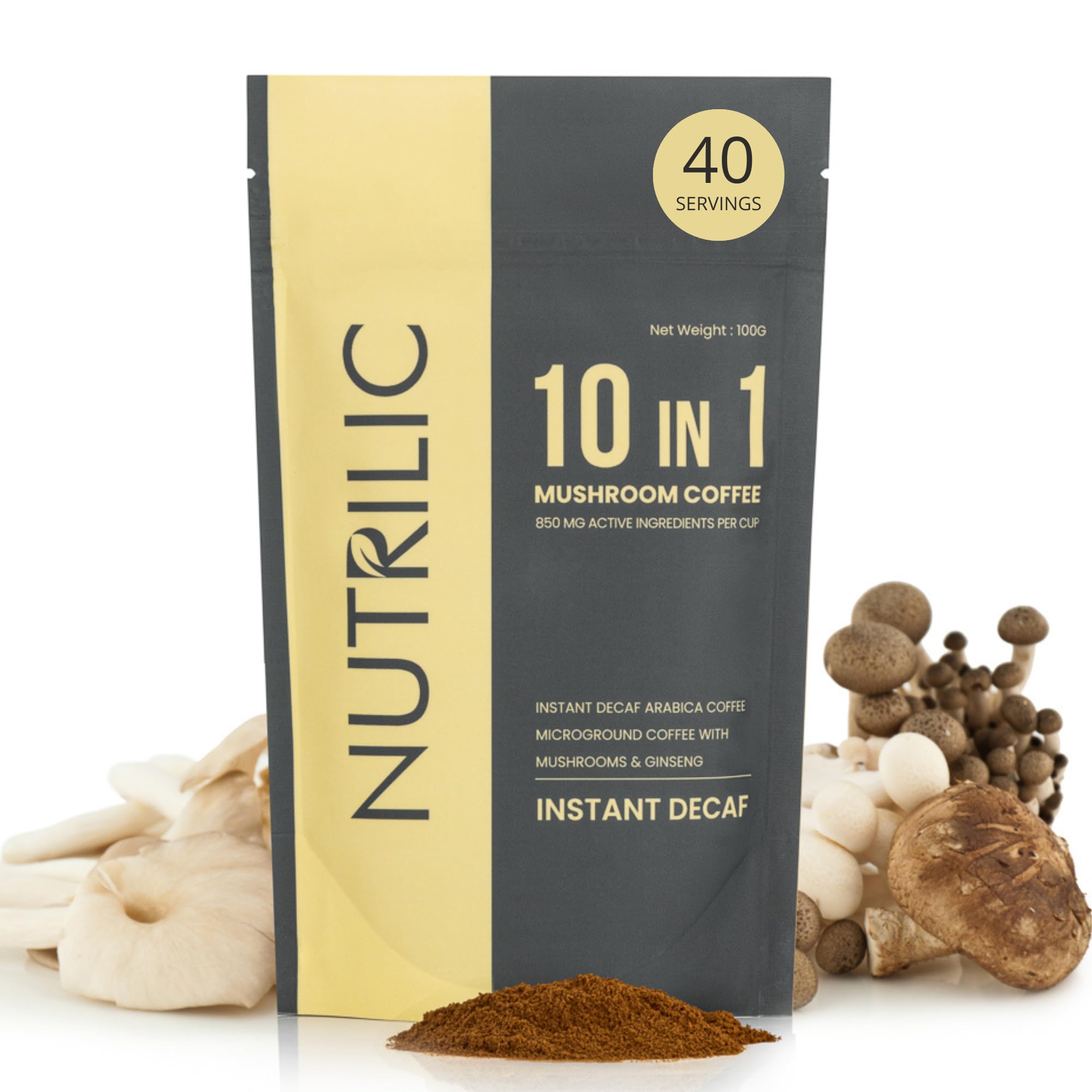 NUTRILIC 10 Muschroom Coffee Decaf Arabica Blend with Lions Mane, Chaga, Reishi, Maitake, Shitake, Black Fungus, Tremella, Ginseng Extract, Cordyceps, and Golden Mushroom