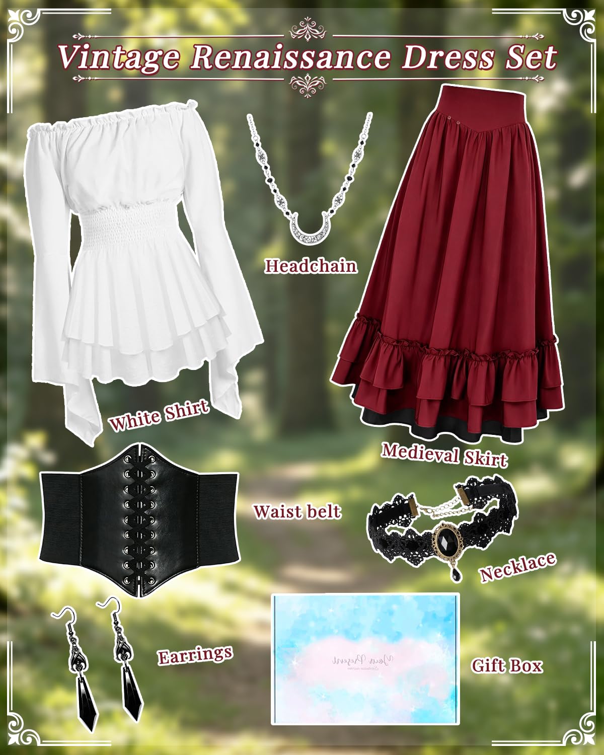 Robe Médiévale Femme, 2 Façons de Porter, Ceinture et Boîte Cadeau | Robe Gothique Médiévale avec Chemise, Robe Victorienne, Deguisement Renaissance pour Halloween, Cosplay et Fête