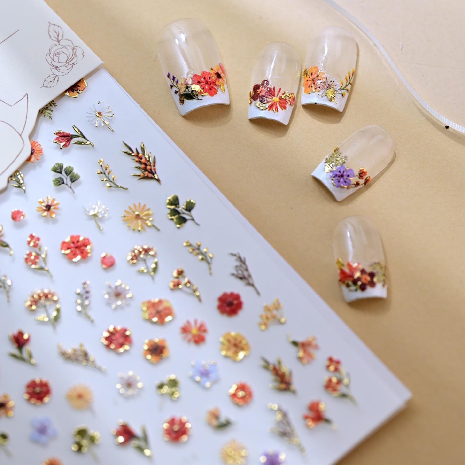 Flower Nail Stickers for Nail Art Floral Leaf Plant Nails Decals with Design 5D Embossed Self Adhesive Nails Charms Supply for Women Manicure DIY Decoration Accessories 1 Sheets