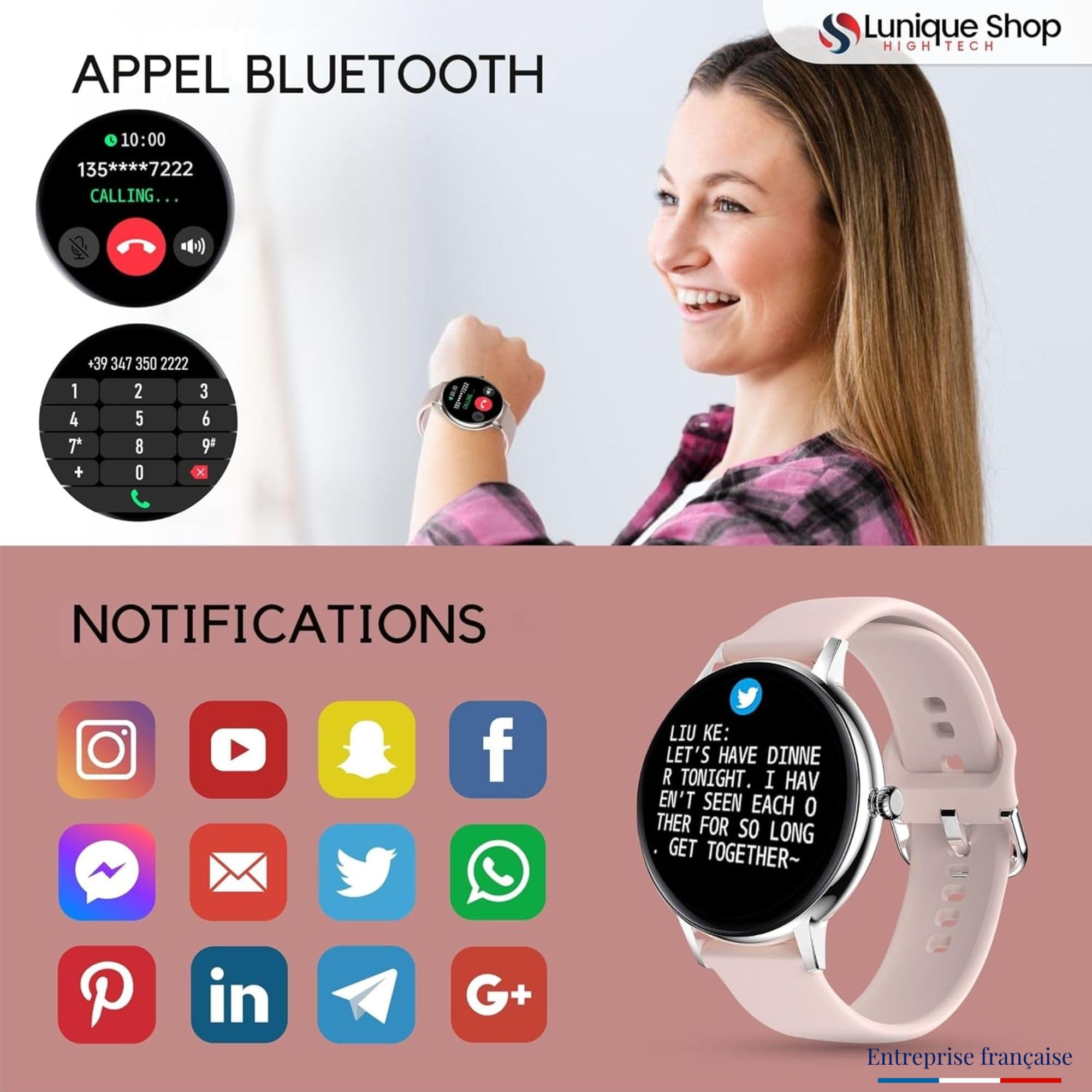 Montre Connectée Femme Repondre Appel 1.7'' Smartwatch Tensiometre Sommeil Fréquence Cardiaque SpO2 Podometre Assistant Vocal Suivi Poids 2 Bracelets Cadeau LSCALL iOS Android Strava
