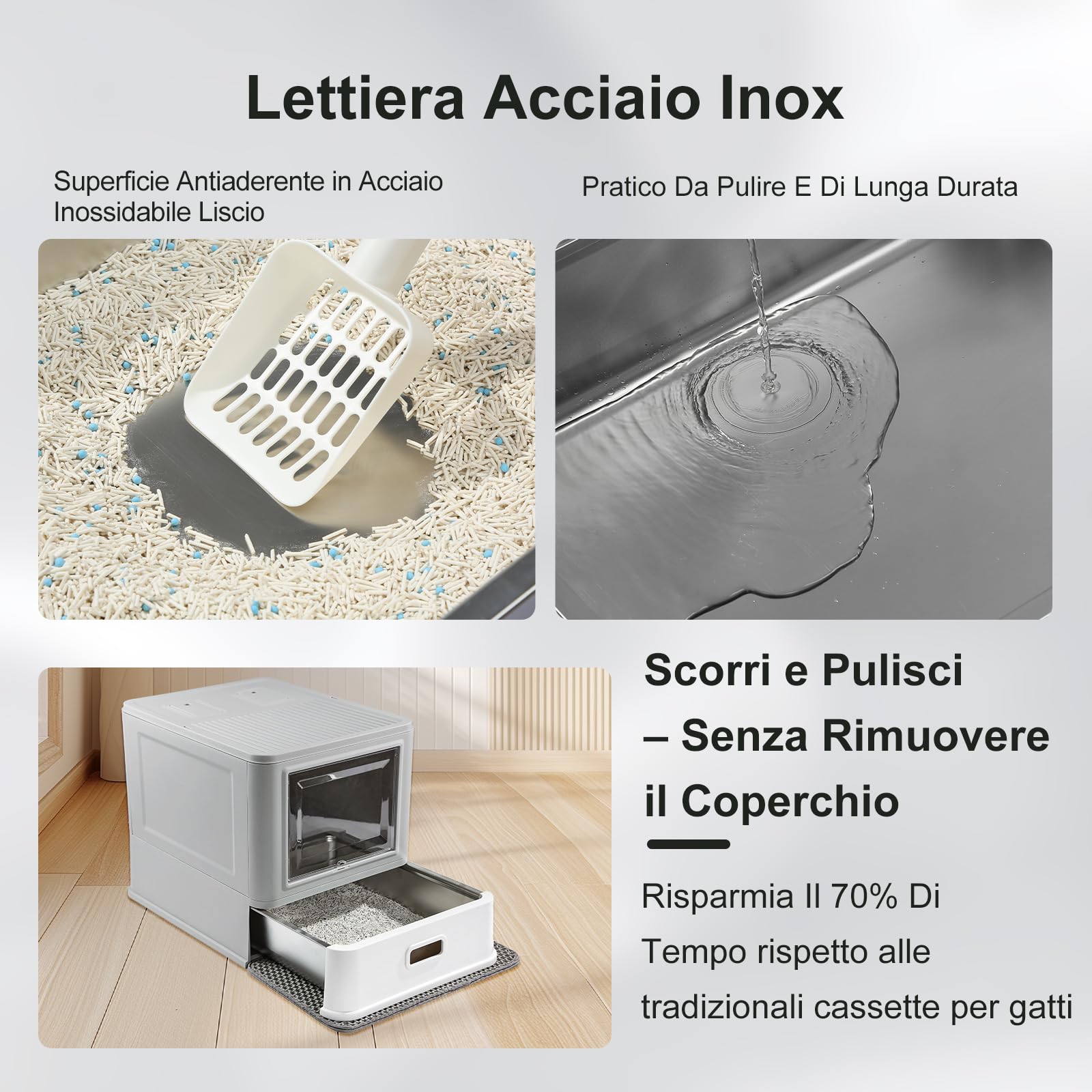 Marchul Cassetta Igienica per Gatti Chiusa in Acciaio Inossidabile con Coperchio e Design a Cassetto, XL, con Paratie Anti-Perdite, Paletta e Tappetino, Antiodore