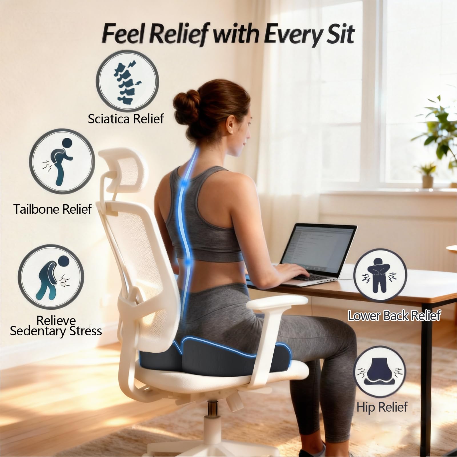 Cuscino in memory foam, per sedia da ufficio, ergonomico, per alleviare il dolore al coccige, sollievo dalla sciatica, comodo cuscino per casa, ufficio, seduta lunga, grande e antiscivolo
