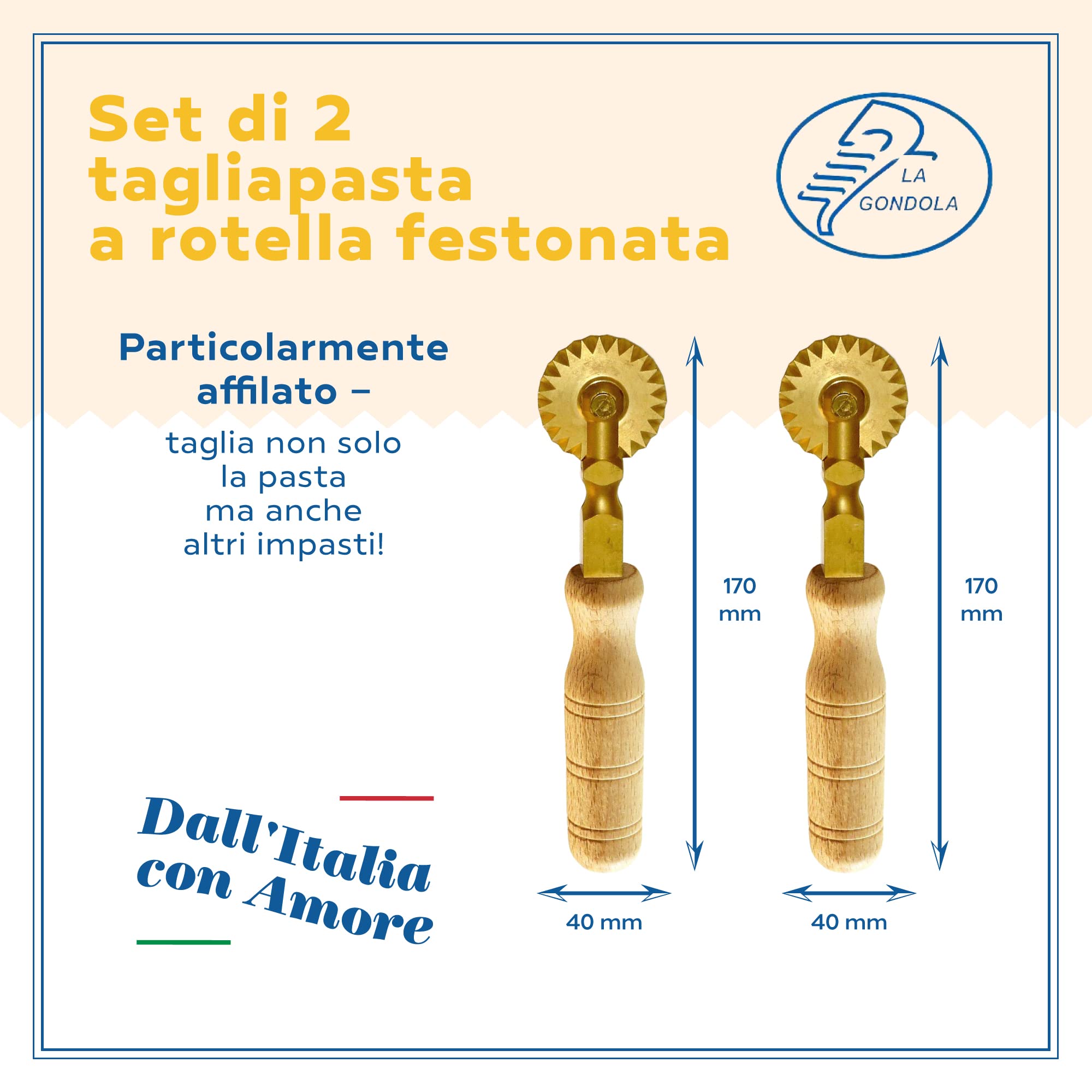 LA GONDOLA Set 2pz Rotella Singola Tagliapasta Festonata (a stella) Ottone ed Impugnatura Legno, Prodotto Artigianale Made in Italy