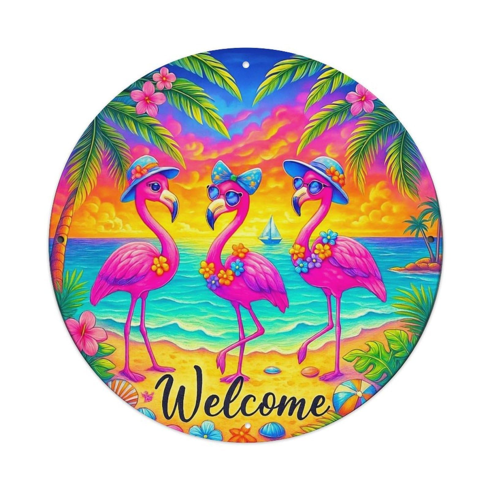 Jdyansheng Vintage Three Pink Flamingos Beach Welcome Tin Sign Metal Poster Metal Signs For Home Man Cave Bar Cafe Kitchen Laundry Room Wall Decorations 8X8 Inches