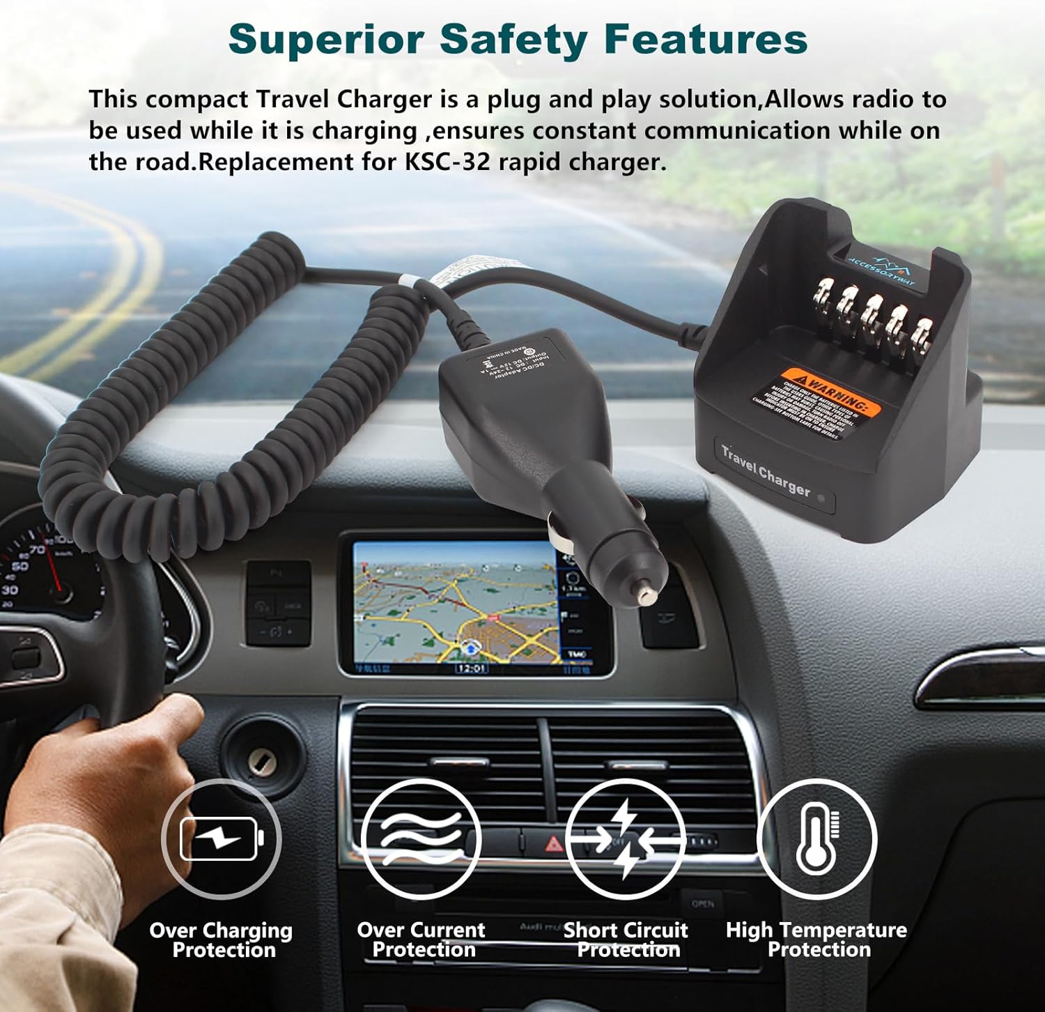 Accessoryway Replace KVC-21 Travel Car Charger Compatible with Kenwood NX-5200 NX-5300 NX-5400 TK-2180 TK-3180 TK-5210 NX-410 NX-411 radios Portable Car Charger Base KNB-48L KNB-54N KNB-33L Battery