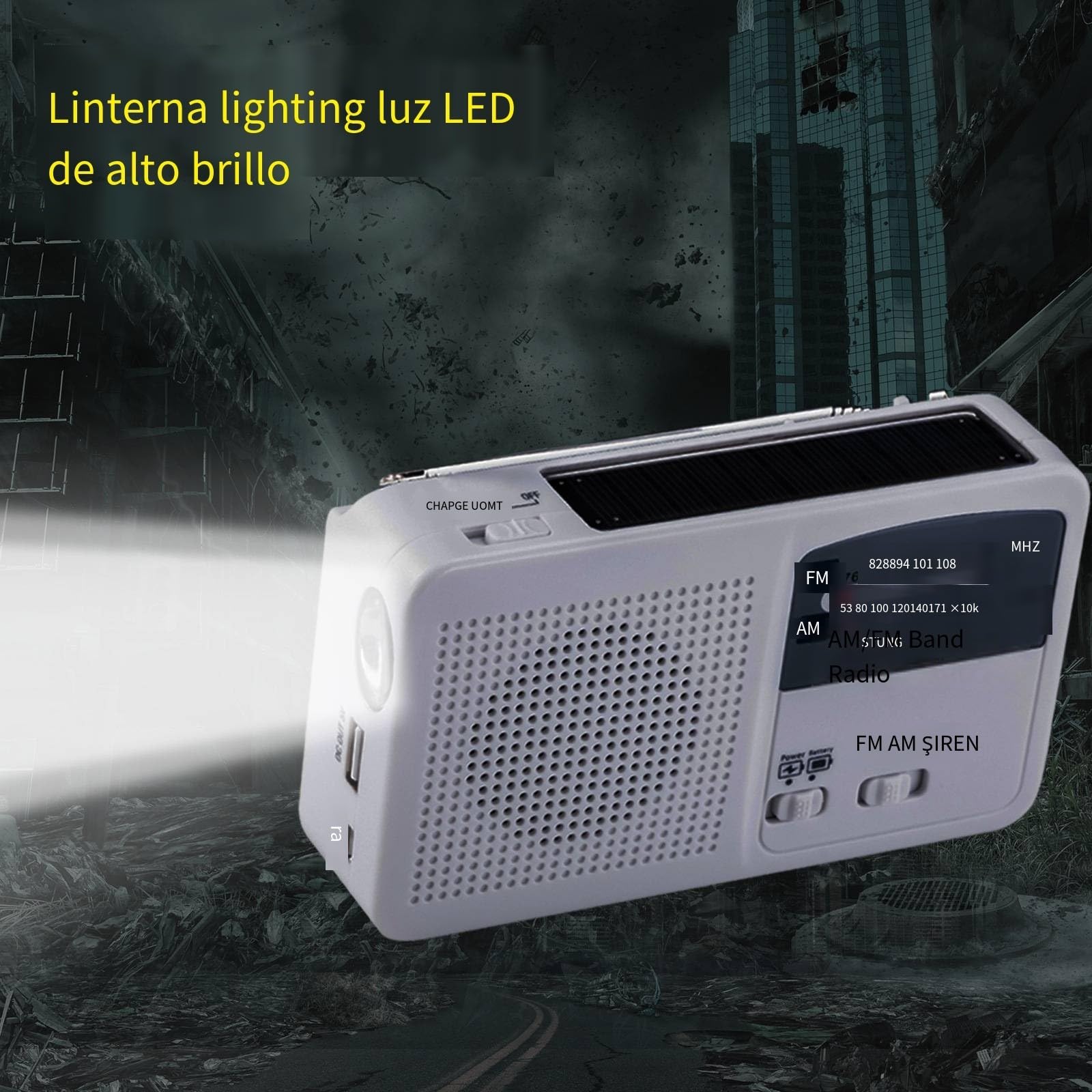Radio a energia solare a manovella con torcia LED e ricarica cellulare, bianco