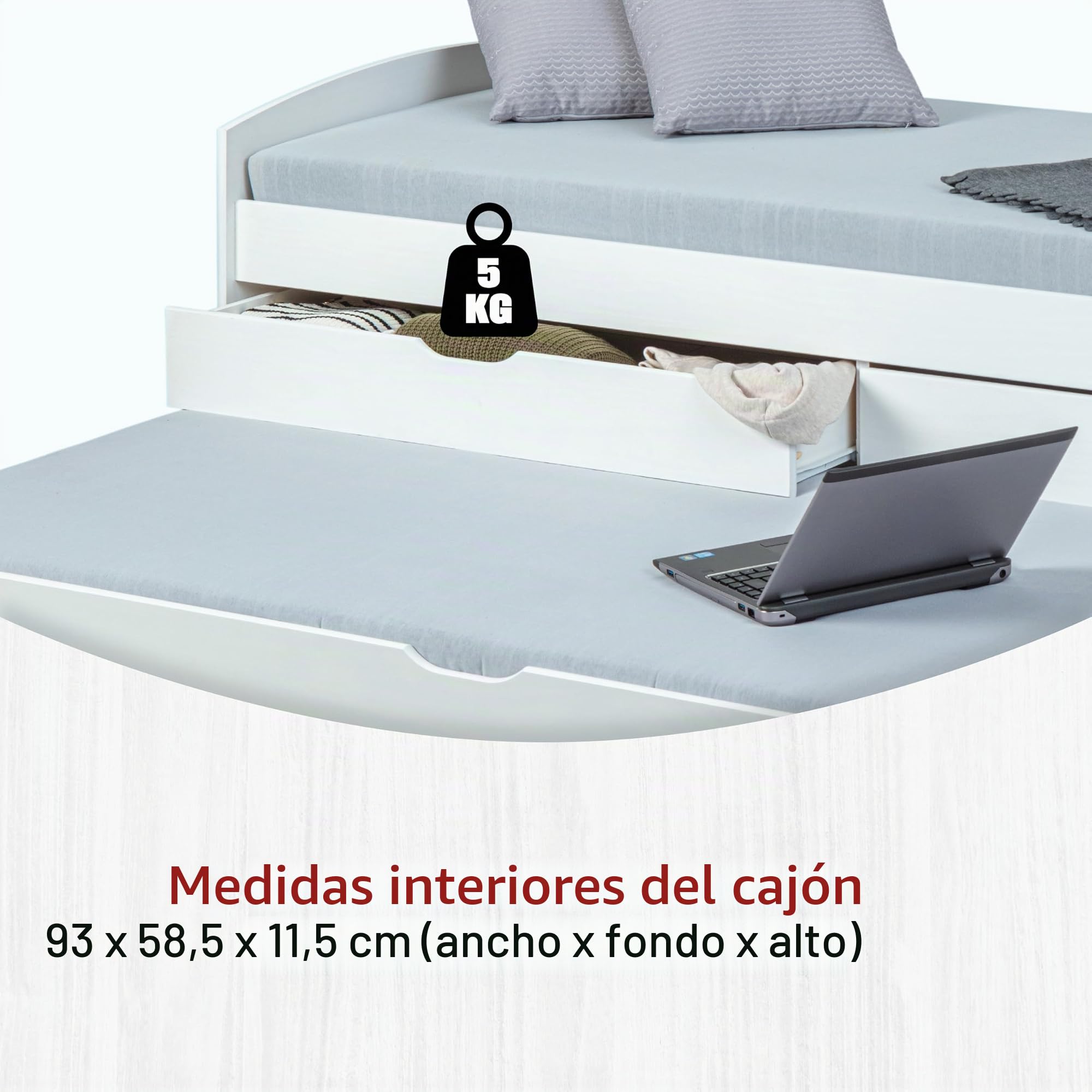 Inter Link - Cama Funcional 90x200 - con Espacio de Almacenamiento - Cuna - Cama Juvenil - Cama con cajones - Cama de Madera Maciza - 2 cajones - 1 cajón Blanco - Madera Maciza - Ried