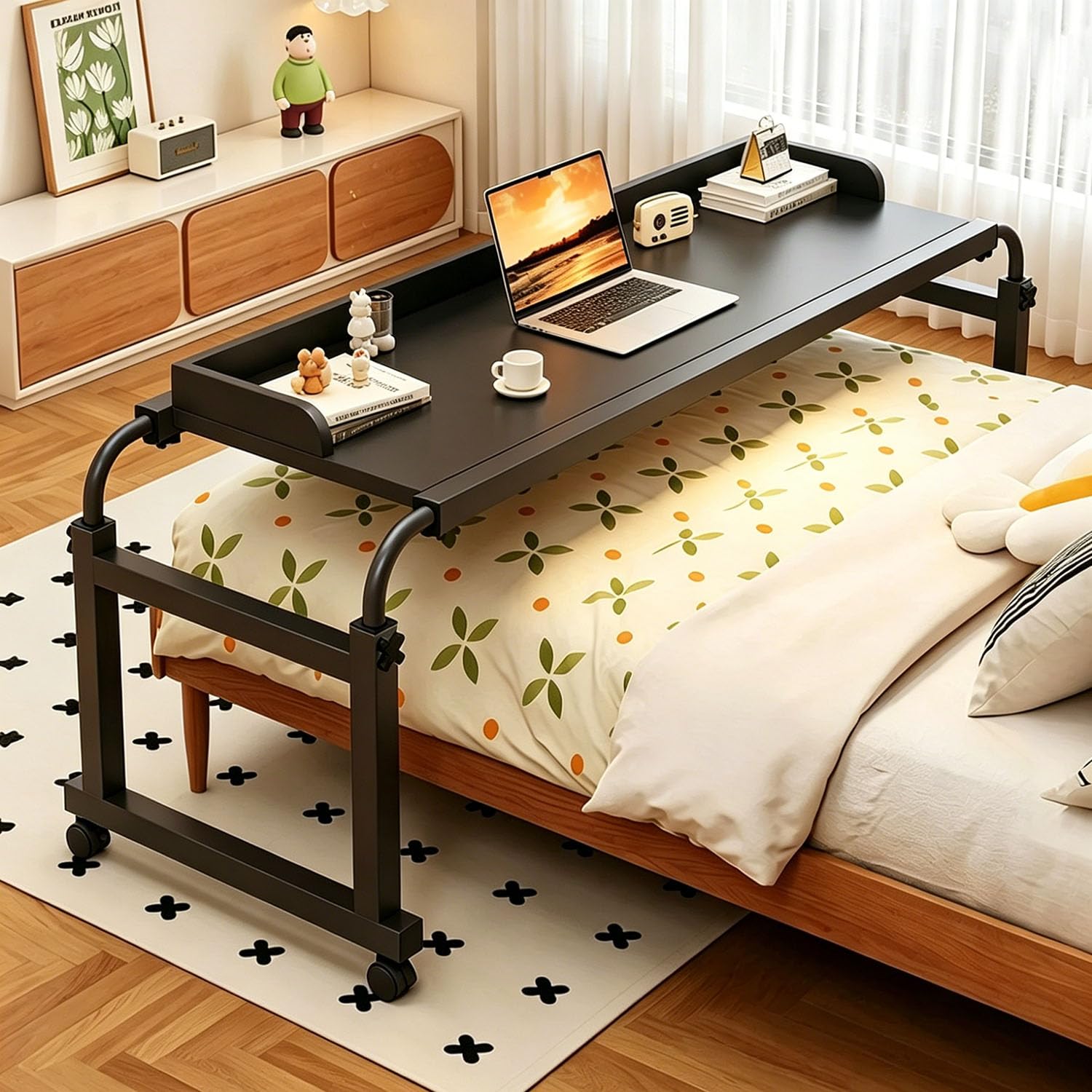 GXQFC Rolling Overbed Computer Desk with Lockable Wheels, Height Adjustable Cross Bed Table with Baffle, Mobile Breakfast Tray Table for Working, Dining & Hospital Care(Color:Black)