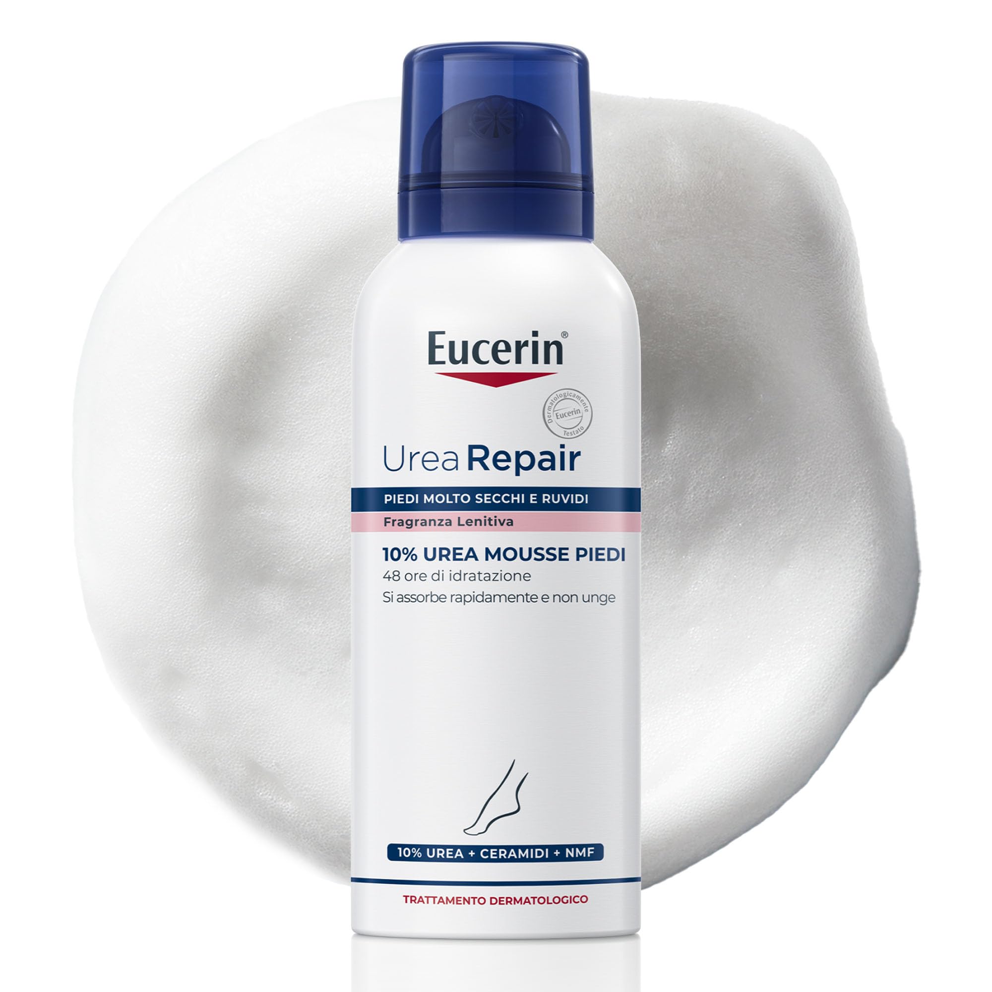 Eucerin Urea Repair 10% Mousse Piedi 150 ml, Schiuma piedi per idratazione e sollievo per 48h, Schiuma Urea e Ceramidi rigenerante per talloni secchi e screpolati