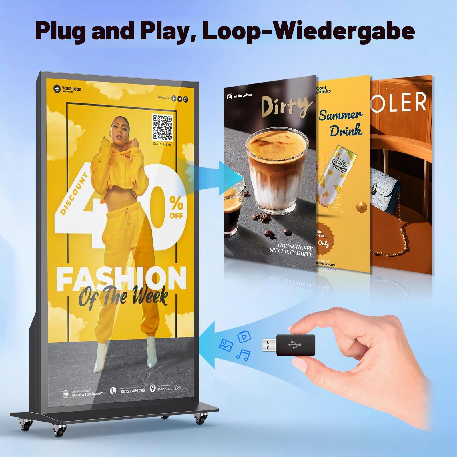 75 Zoll 4K UHD Digital Signage, Full Screen LCD Digitaler Kundenstopper, Innenbereich Digitales Werbedisplay mit Rädern, Android 11, mit WiFi/HDMI/USB für Restaurant Einkaufszentrum