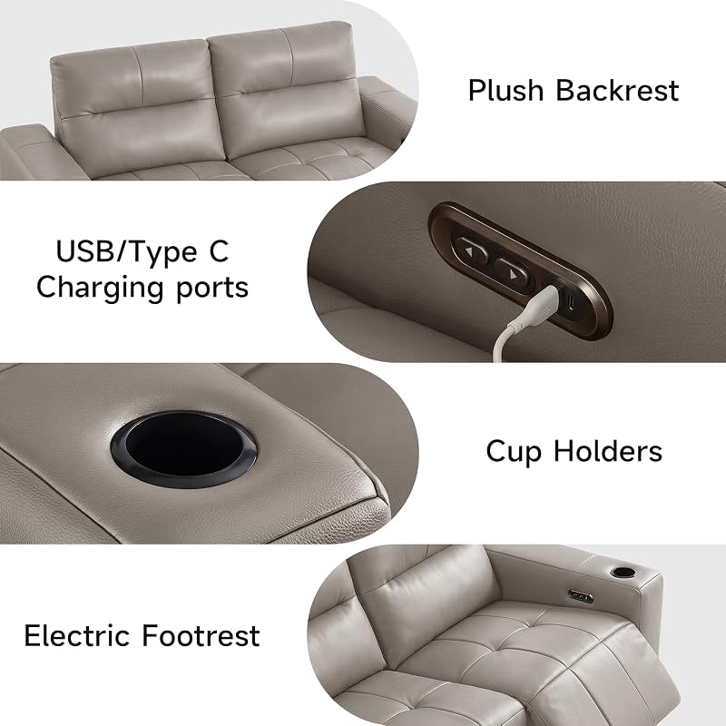 79" Zero Gravity Loveseat Recliner Sofa, Genuine Leather Reclining Couch with Adjustable Backdrests | USB Port | Cup Holders, 3-Seater Modern Sectional Couches for Living Room, Appartment,Khaki image 5