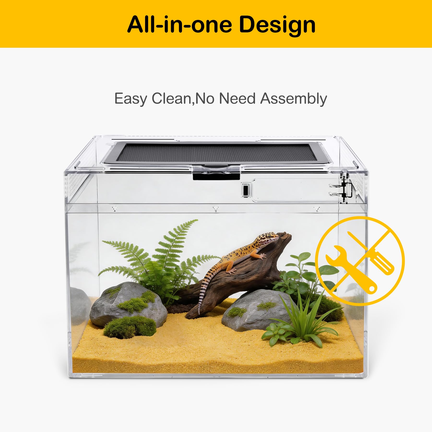 Terrario de vidrio de policarbonato para reptiles, antiroturas, 15 x 8 x 9.7 pulgadas, kits de inicio de tanque de anfibios, pantalla de puerta corrediza superior, mini jaulas de hábitat, termómetro