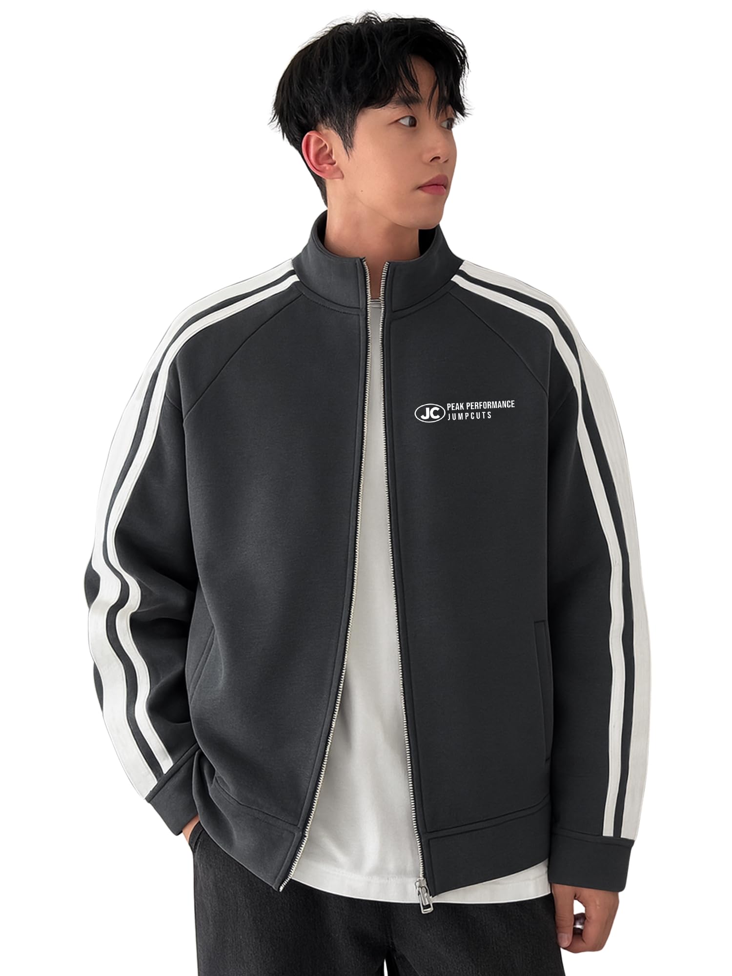 Jump Cuts Mens Printed Full Zipper High Neck Full Sleeve Grey and