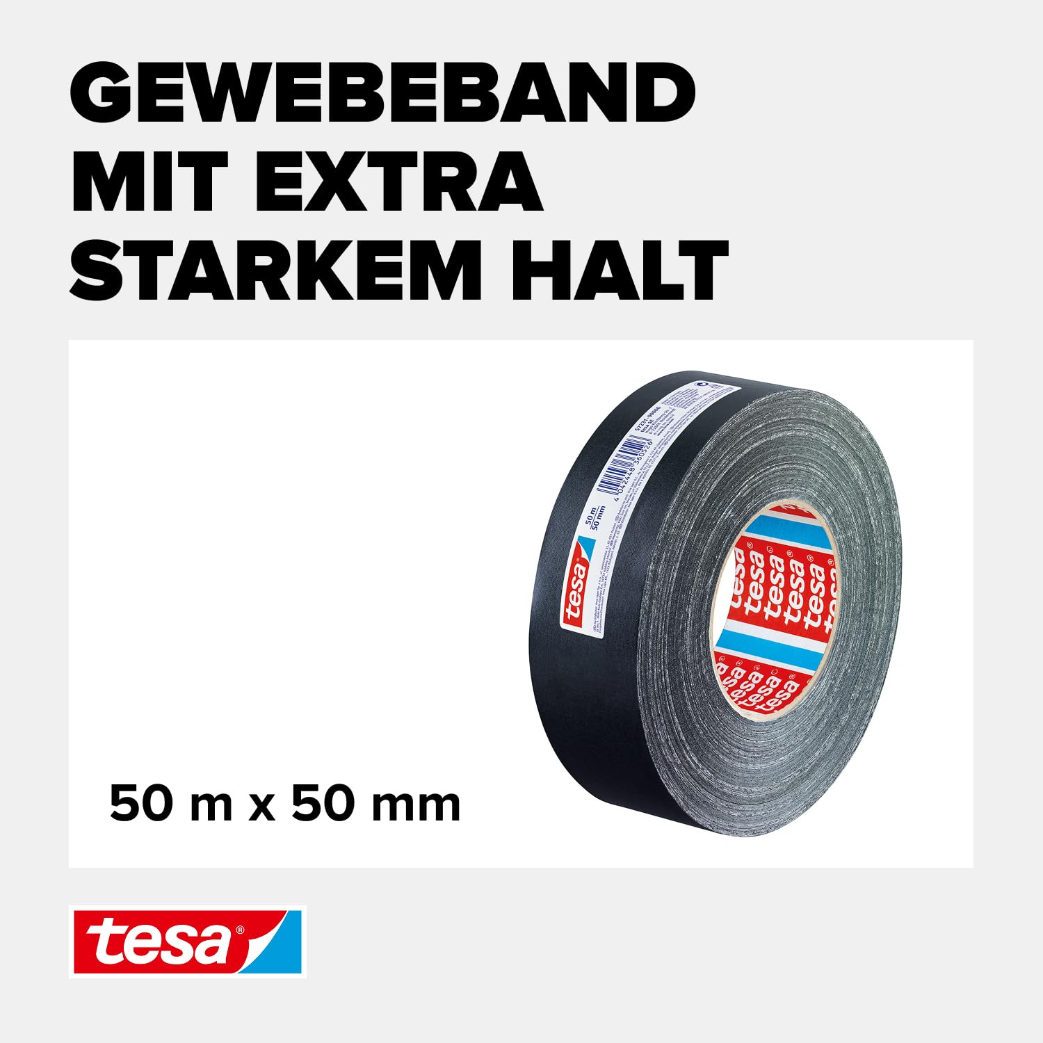 tesa extra Power Perfect Gewebeband - Gewebeverstärktes Ductape zum Basteln, Reparieren, Befestigen, Verstärken und Beschriften - Schwarz - 50 m x 50 mm