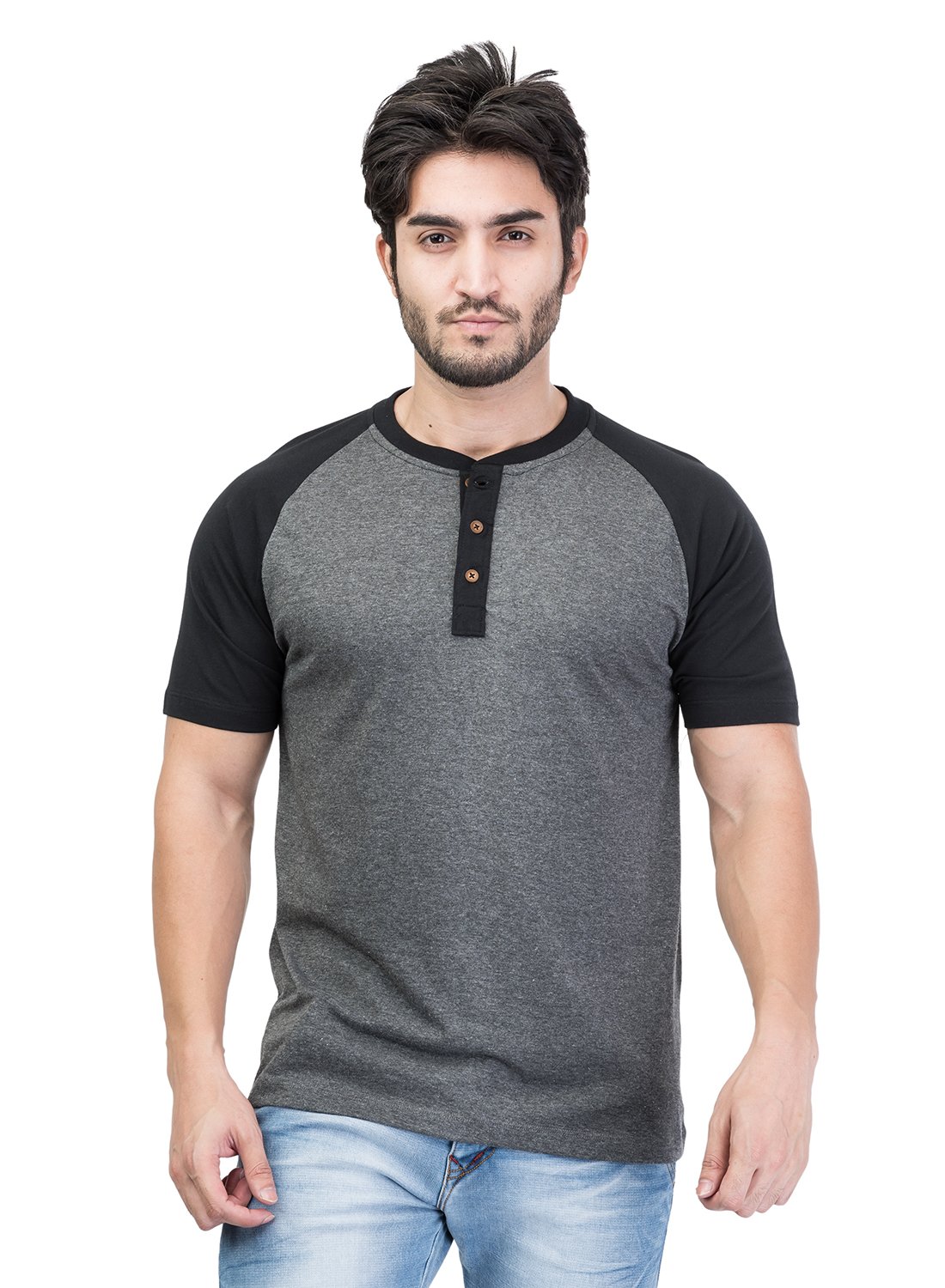 kalt Men's Dual Colour Half Sleeves Henley Neck Cotton Blend T-Shirt (Dark Grey Melange::Black)-picture-38