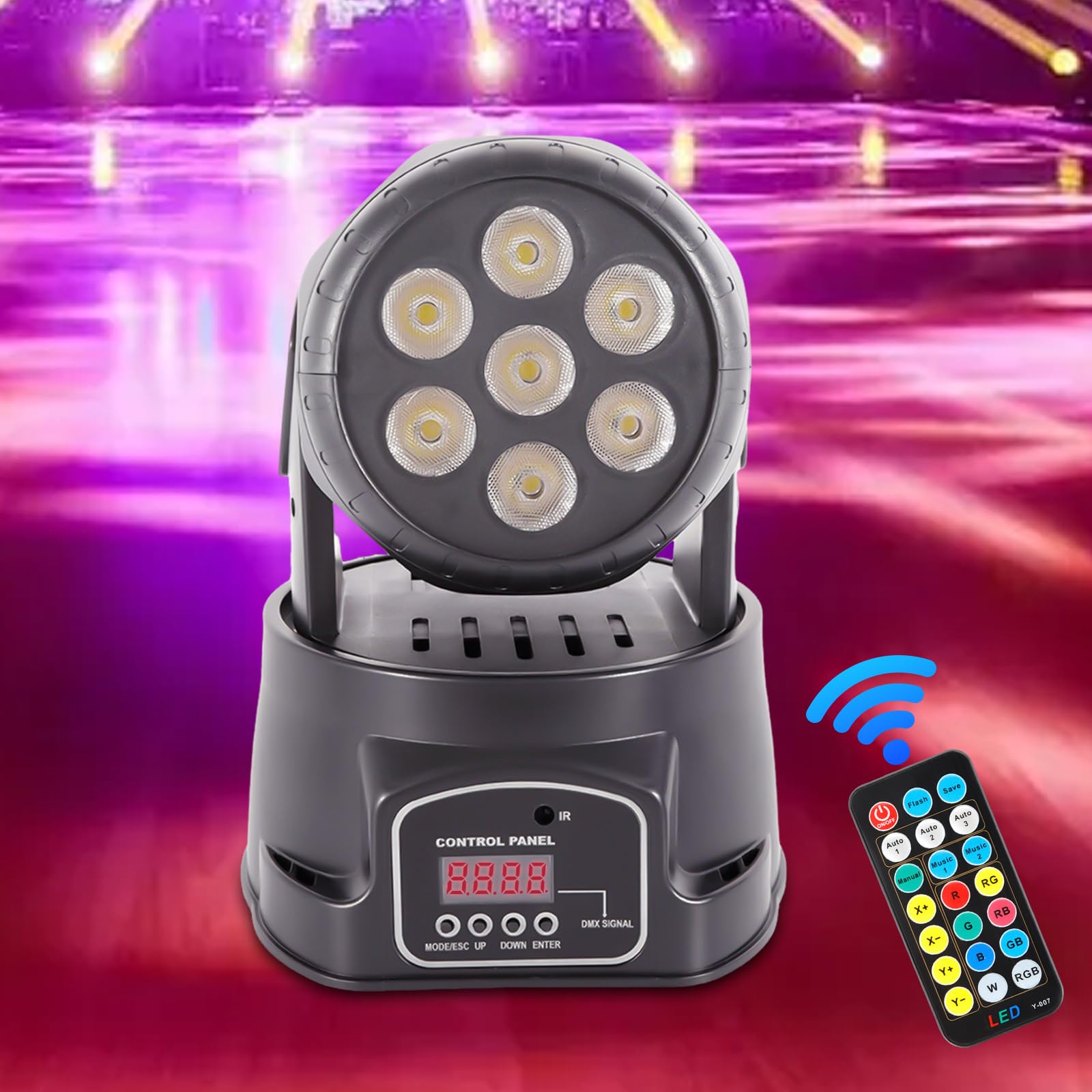 Moving Heads, 105W Bühnenbeleuchtung 7 LED RGBW Moving Head Bühnenlicht mit LED-Anzeige Bildschirm und Fernbedienung, für Hochzeiten, Geburtstagsfeiern, Bankette, Bars, KTV, 19 * 19 * 17cm