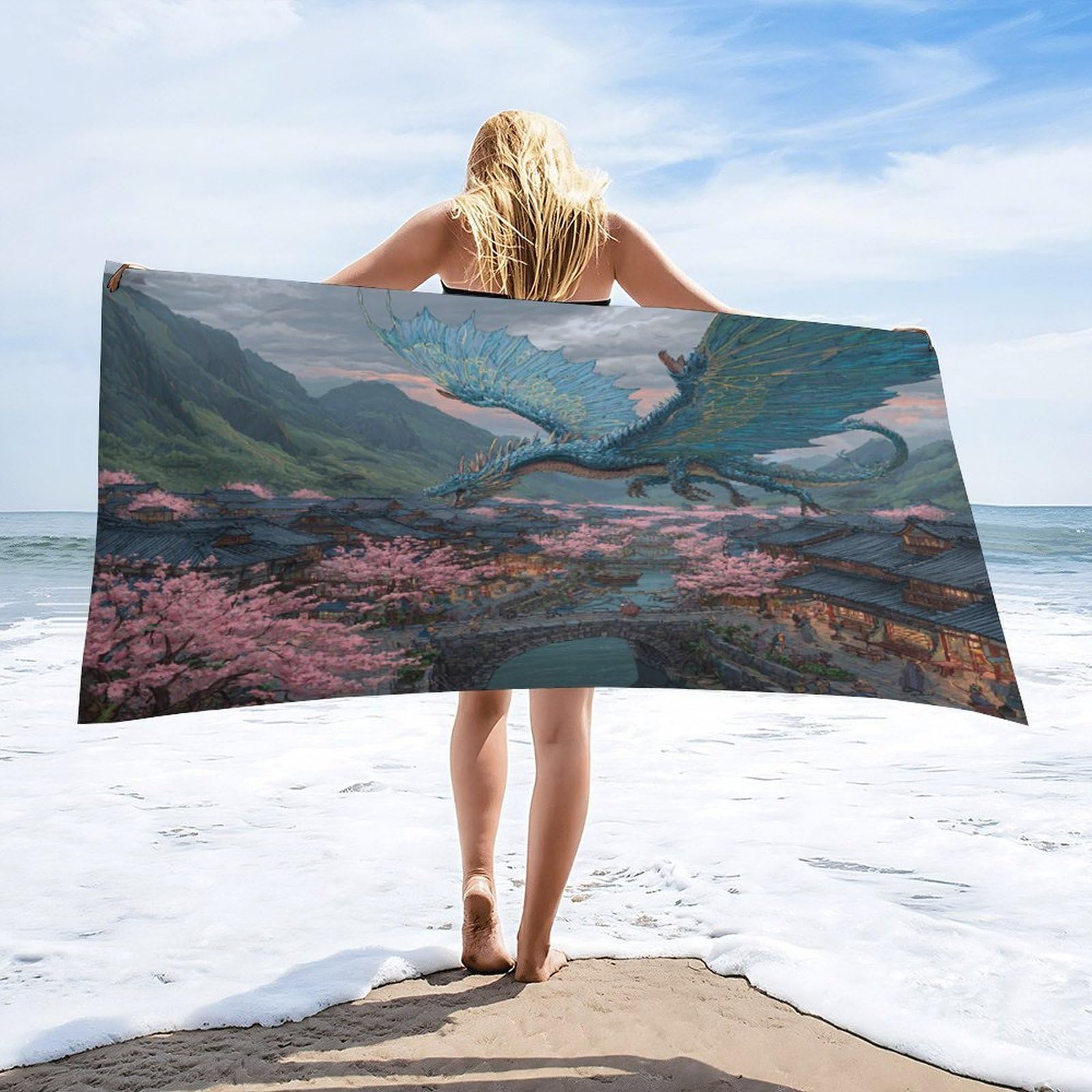 Luyysky Asian Aesthetic Cool Dragon Absorbent Beach Towel, Retro Japanese Cherry Blossoms Mythical Animal Western Dragon Outdoor Single-Sided Velvet Beach Towel-80 W Cm X 160" L Cm