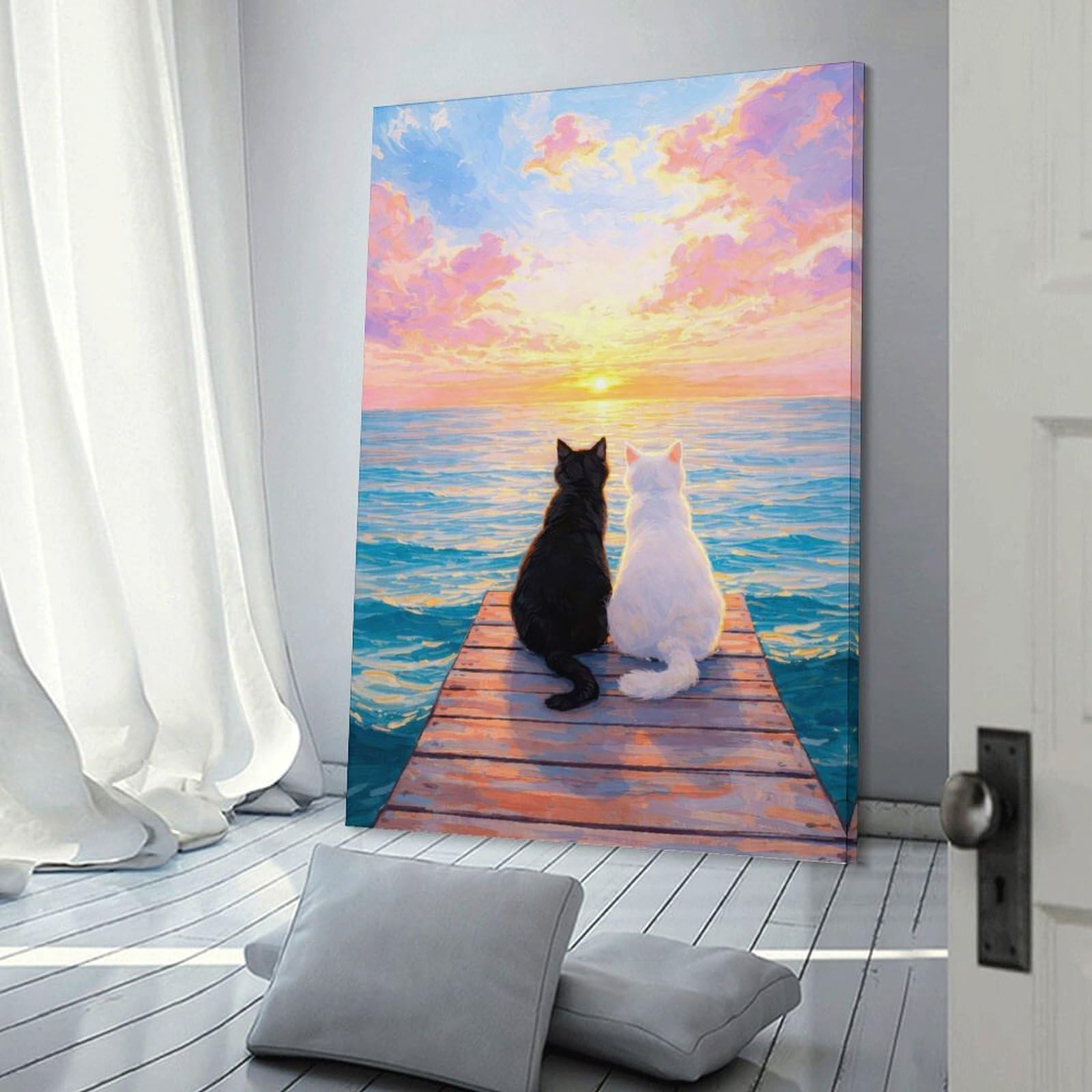 Junmoney Two Cats Watching A Sunset Room Decor Wall Art, 12x18inch(30x45cm), for Hallway, Lounge Or Guest Room, Gift Idea for Housewarming And Birthdays