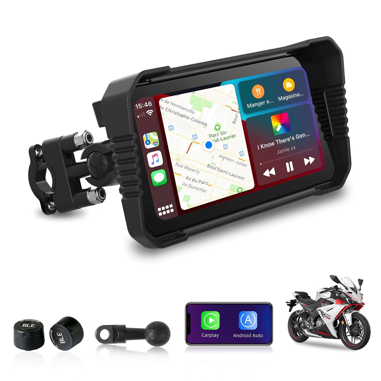 Jansite 6,25 pollici Carplay Moto con TPMS, Schermo Moto Compatibile CarPlay & Android Auto Impermeabile IP67 Navigatore GPS con Bluetooth Assistente vocale