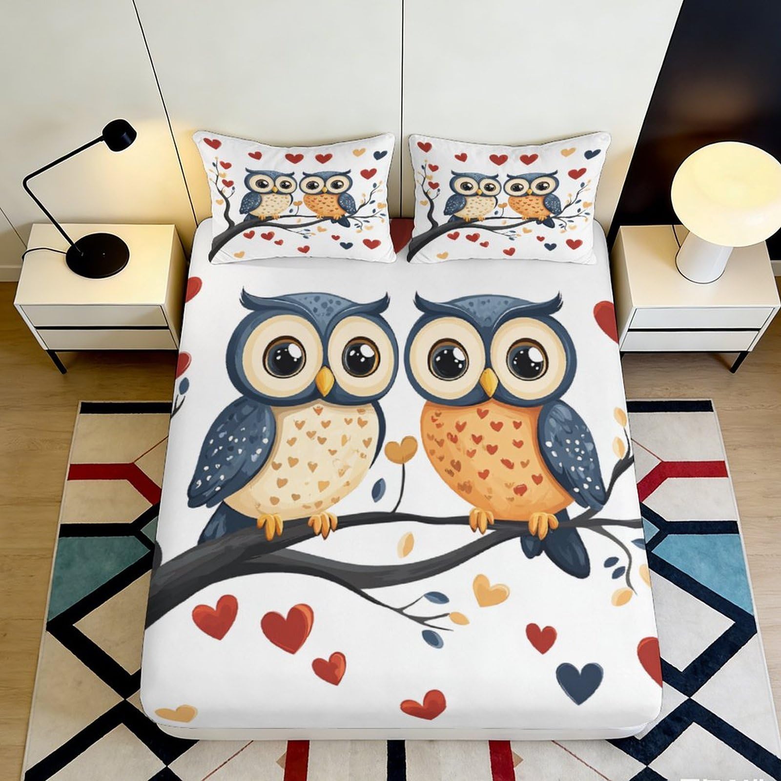 3D Printed Cute Owl Fitted Sheet Microfiber Deep Pocket Non-Slip Bedroom Bedding Owl Mattress Fitted Cover for Adults Teens 140x200x25cm