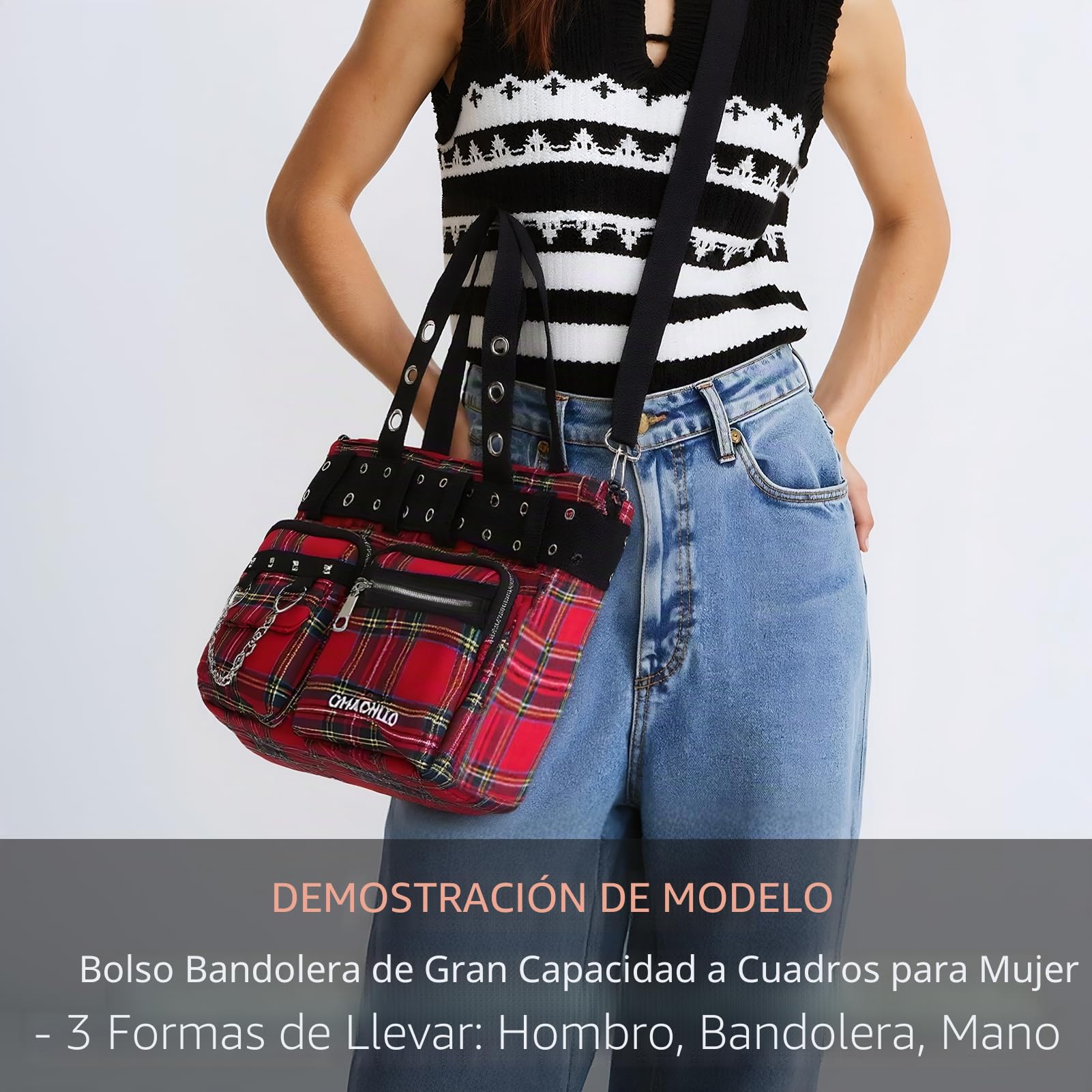 Bolso de bandolera para mujer Bolso de mano gótico Y2K Bolso de hombro de diseño de cuadros Gran capacidad Oficina Trabajo Viaje Compras Duradero