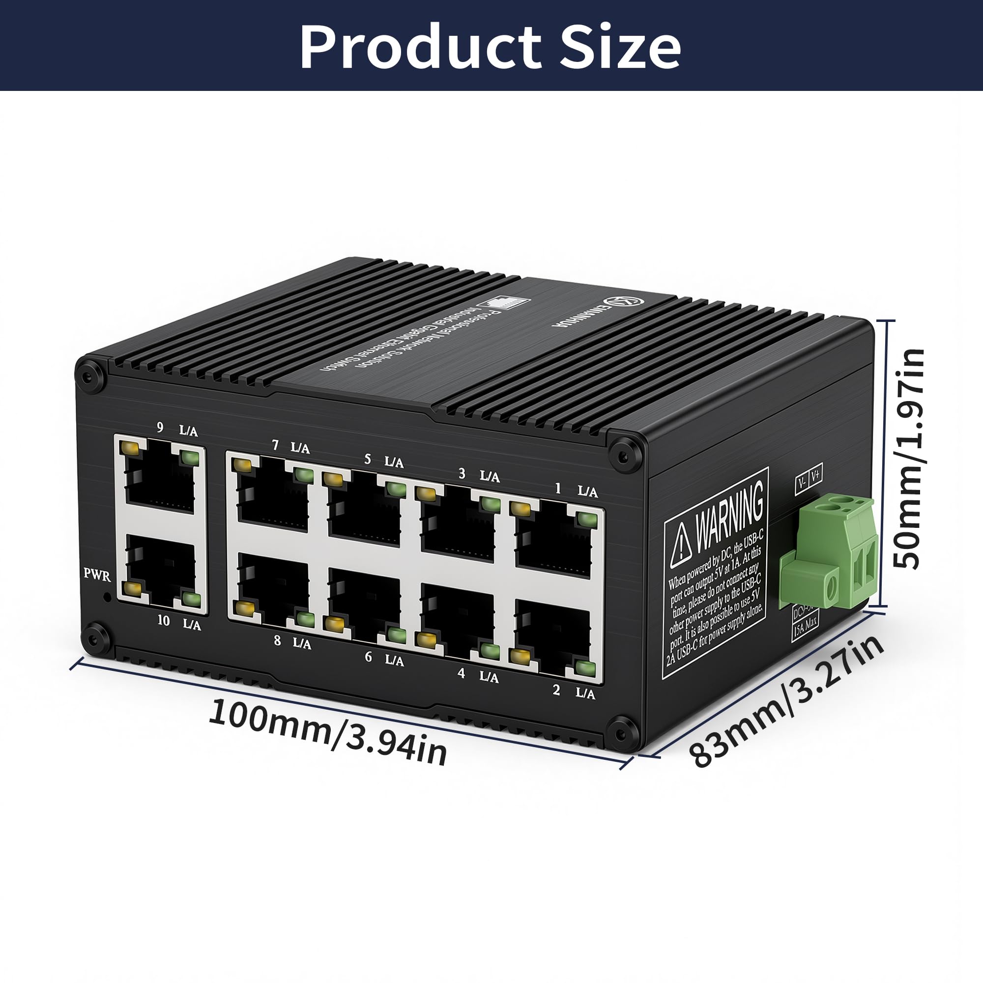 CQ3、CQ 4+、CQＣ+ ENIANHUA Mini Industrial 10 Ports Gigabit Switch, USB-C 5V or DC 9