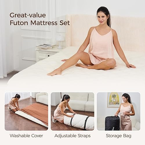 Miniatura 7 de Colchón japonés de suelo con funda lavable, colchón de futón plegable, tapete de tatami con espuma viscoelástica gruesa, tumbona enrollable para