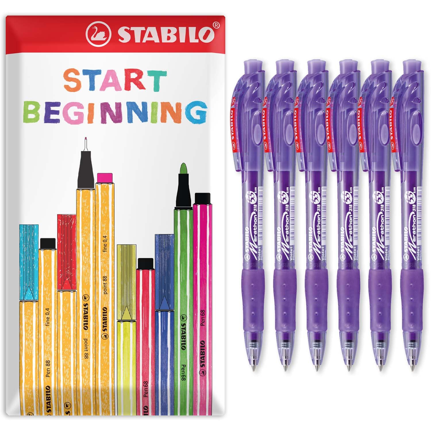 STABILO marathon - Retractable Ballpoint Pen - Fine 0.7mm Nib Pens - Envelope Gift Pack of 6 (Violet)