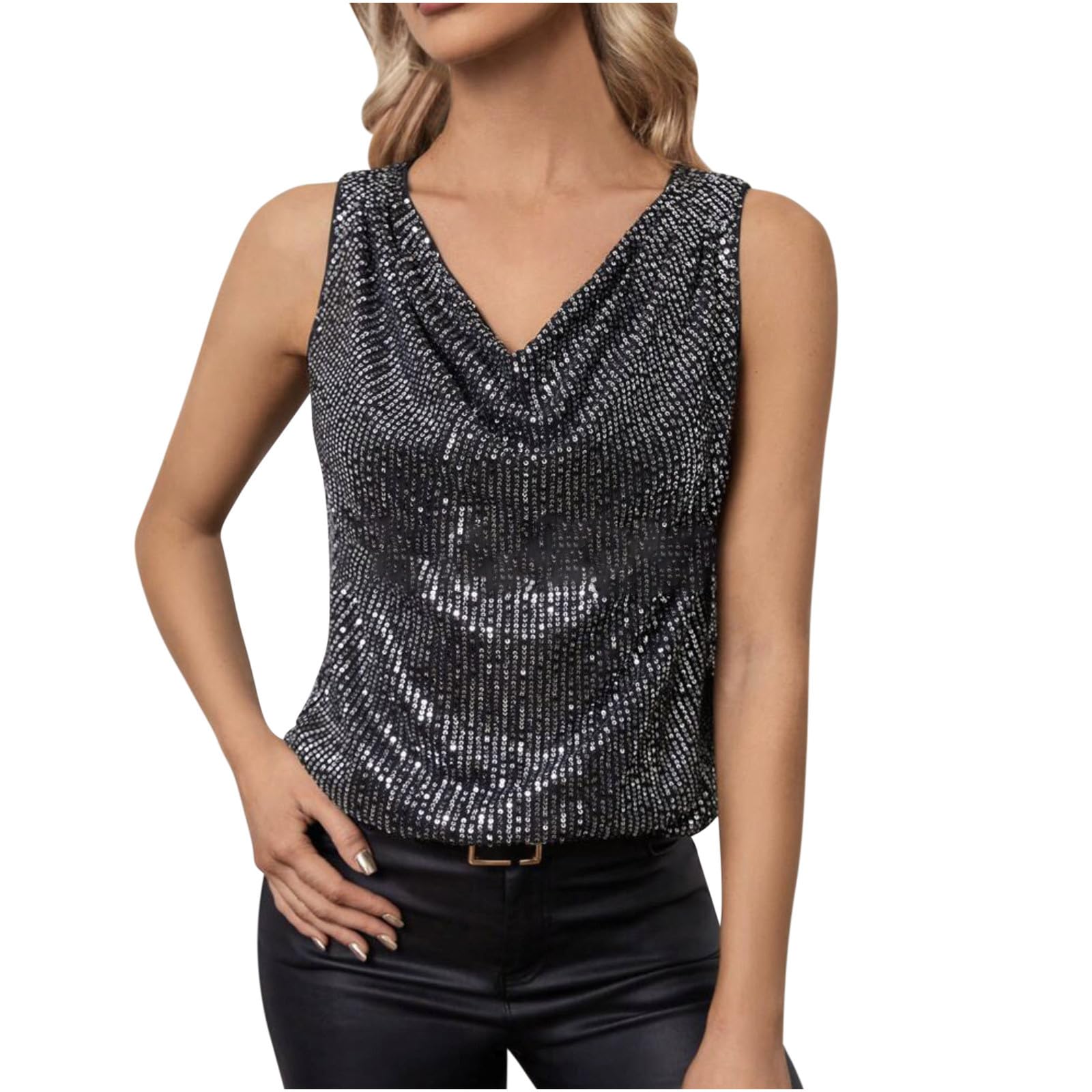 Camisetas sin Manga Mujer Verano Lentejuelas Moda Color sólido Fiesta Club Casual Camisola Camisetas de Tirantes Cuello en V Elegante Vestidos de Noche Viste Tops Camisa Suelto tee 2024