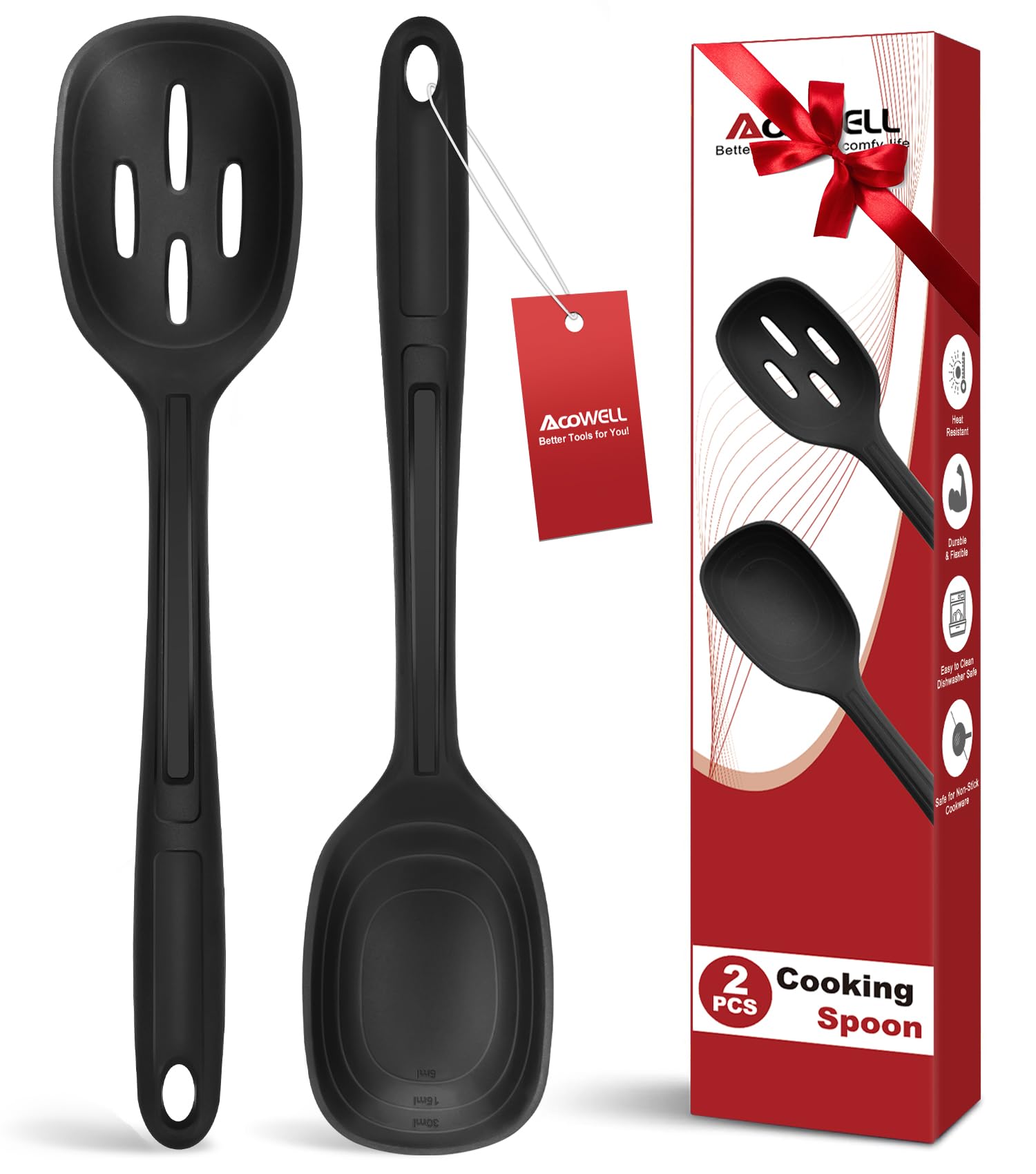 Juego de cucharas de cocina de silicona, antiadherentes, ranuradas y sólidas, paquete de 2 cucharas de cocina para cocinar, utensilios grandes resistentes al calor para mezclar, servir, revolver,