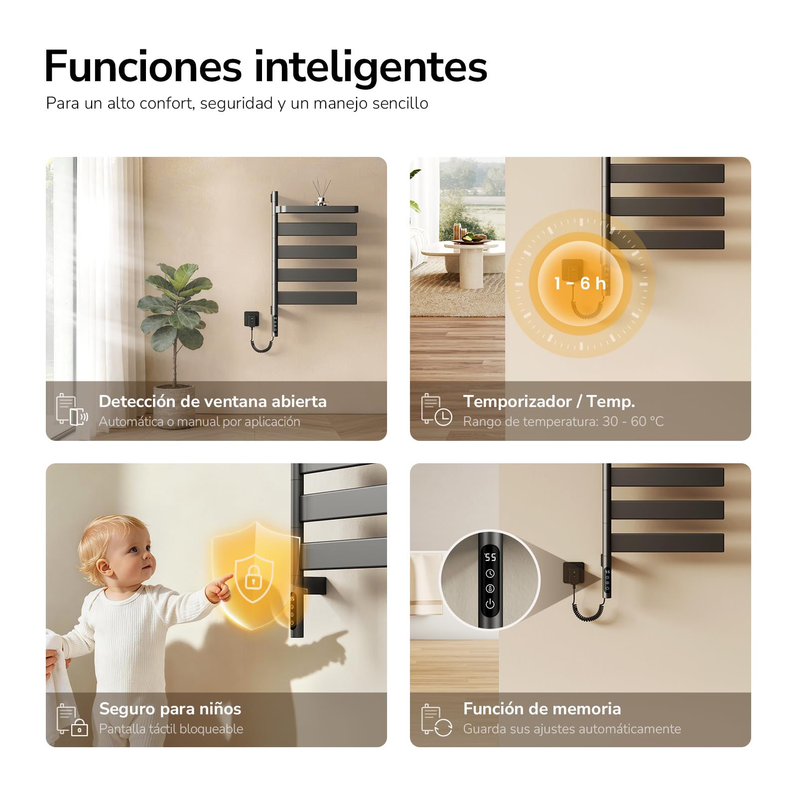 EMKE Toallero Eléctrico Giratorio WiFi, 77x45 cm, Estante,Antracita | Radiador Toallero de Pared con Estante, Fibra de Carbono, 6 Modos,Bajo Consumo,2 formas de instalación